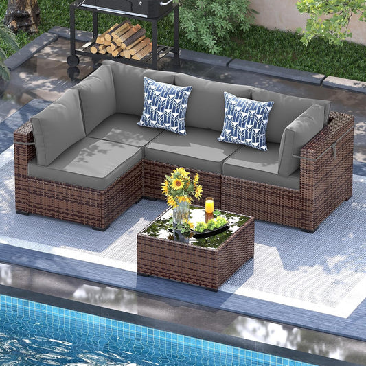UDPATIO 5 Piece Patio Furniture Set, Outdoor Sectional Modular Sofa with 4'' Thickened Cushions, Wicker Outdoor Furniture Conversation Sets with Waterproof Cover for Backyard Deck(Brown/Dark Grey)