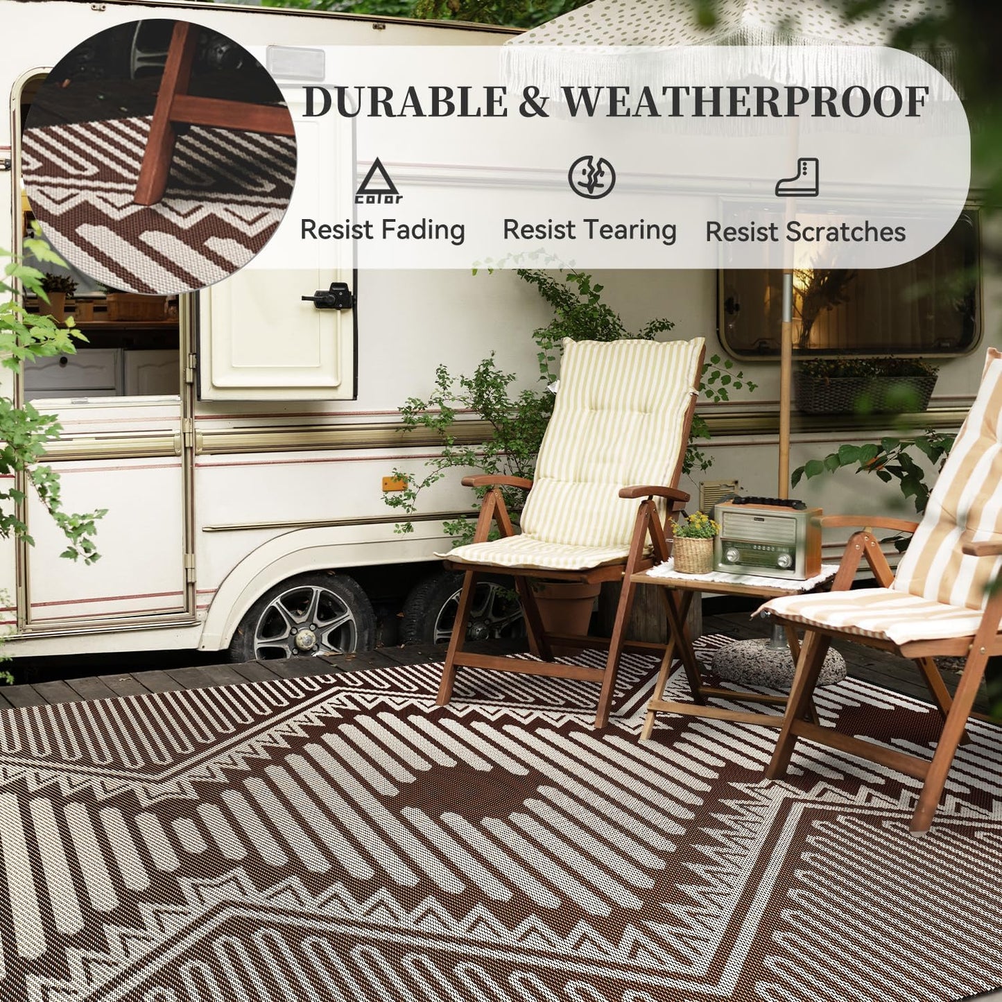 MontVoo Outdoor Rug-Waterproof Patio Rug Mat 5x8 Outdoor Carpet Mat Reversible Plastic Straw Outside Outdoor Rug for RV Camping Picnic Balcony Backyard Pool Deck Porch Modern Boho Beige Brown