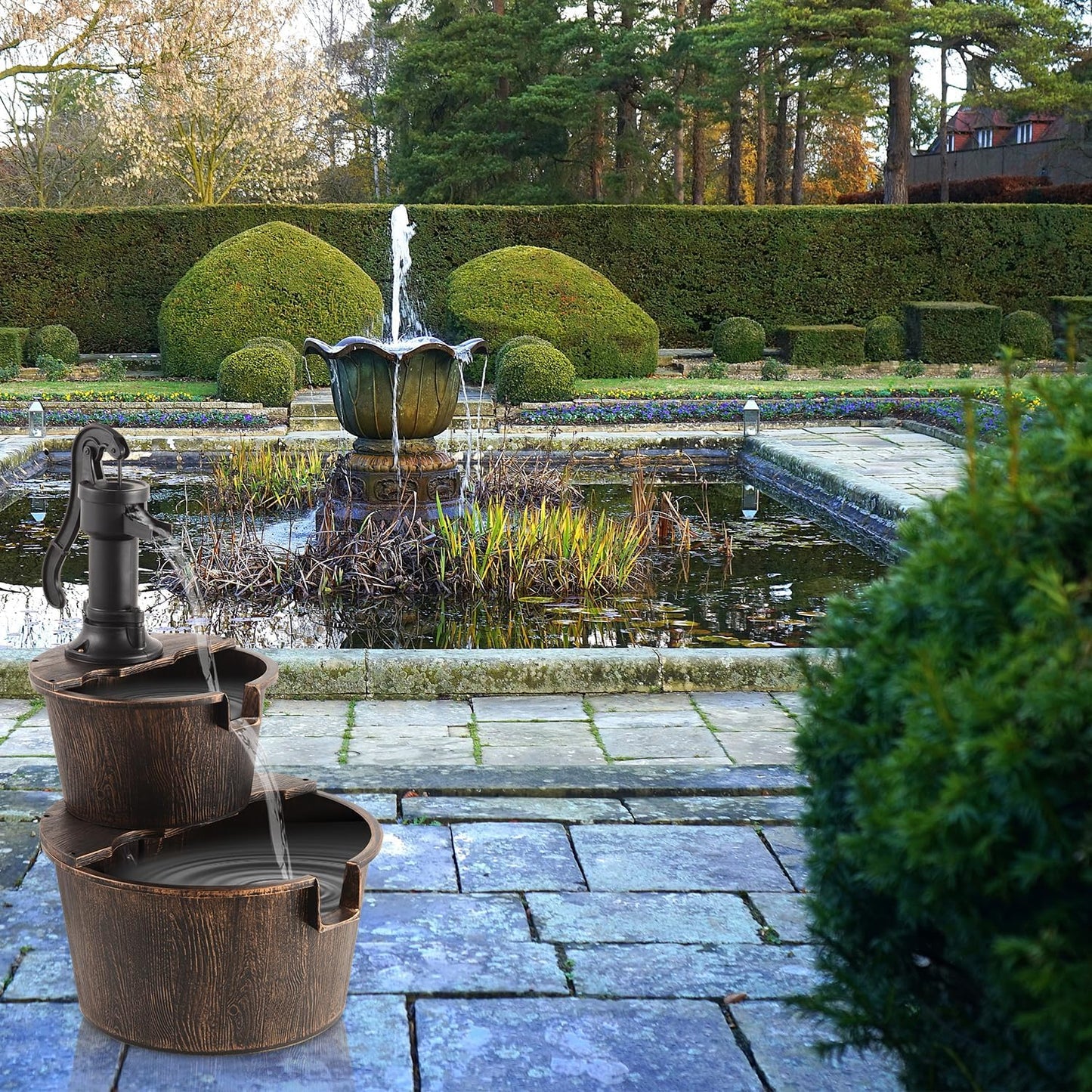 YI 27-Inch 2 Tier Water Fountains Outdoor Waterfall Barrel Fountain Pump Garden 2-Tier Barrel and Pump Waterfall Fountain, Plastic for Garden Patio Backyard Porc