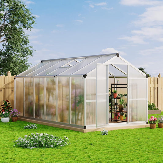 8x12 FT Greenhouse, Large Aluminum Greenhouses for Outdoors, Heavy Duty Polycarbonate Greenhouse with Roof Vent, Walk-in Green Houses for Winter Garden, Backyard, Patio, Lawn, Easy Assembly