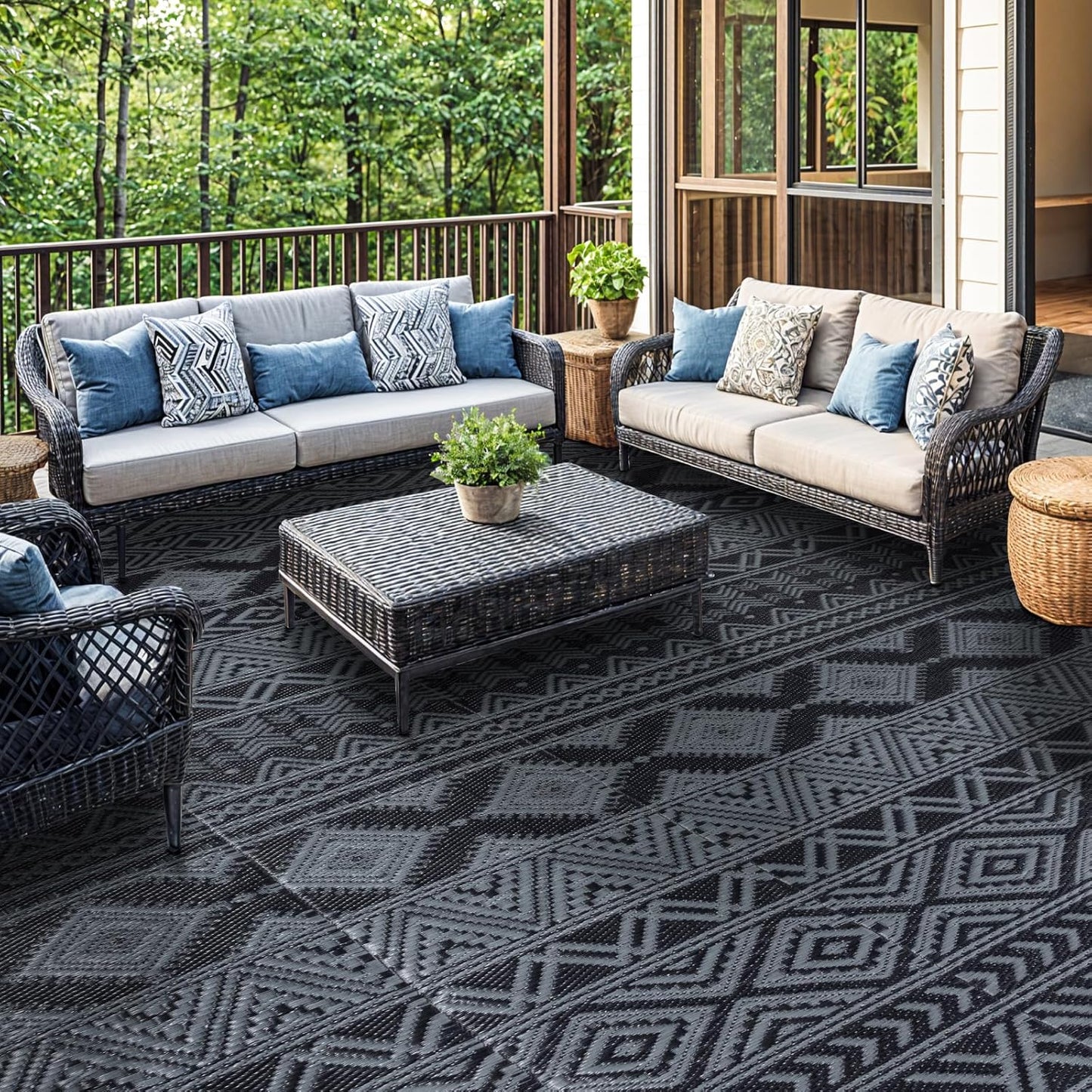 8'x10' Reversible Outdoor Rug - Eco-Friendly Plastic Straw Rug-Heavy-Duty Waterproof Mat, UV & Fade Resistant for Patio, Camping, RV, Deck, Balcony(8x10,Black&Gray)