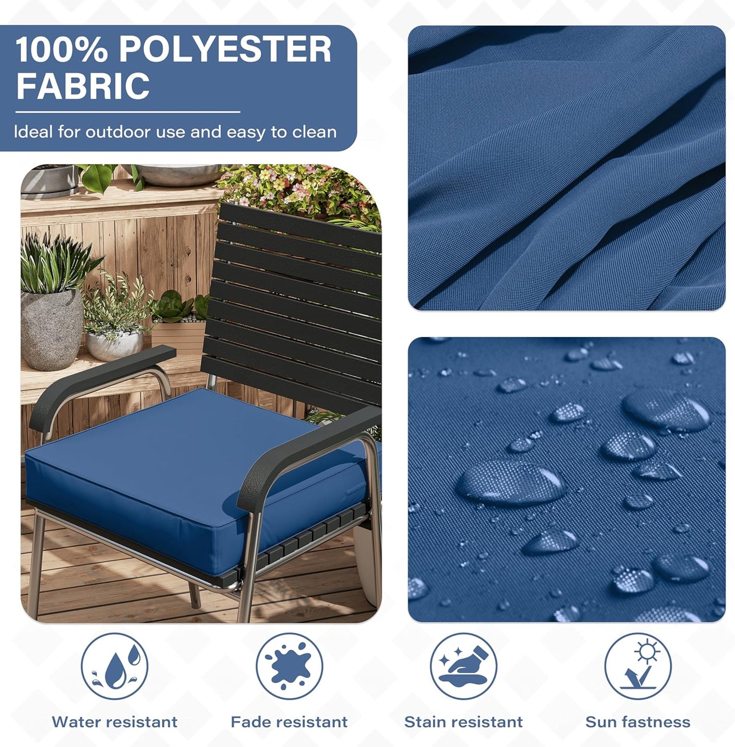 Patio Chair Cushions 19 X 19 X 4 Inch Waterproof Outdoor Seat Cushions for Patio Furniture, Outdoor Sofa Couch Pads with Ties & Handle, Set of 2, Blue