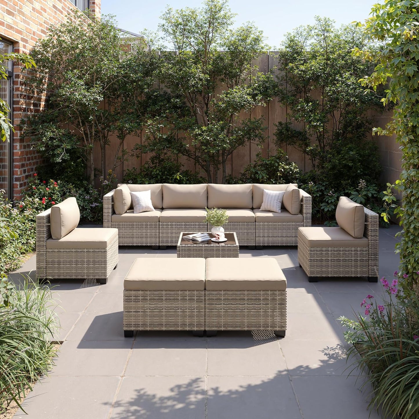 9-Piece Patio Furniture Set, Outdoor with Ottomans, Modular Patio Sofa, Dual-Strand Wicker Rattan, Rust-Resistant Frame, Backyard Furniture for Garden, Deck, Sand