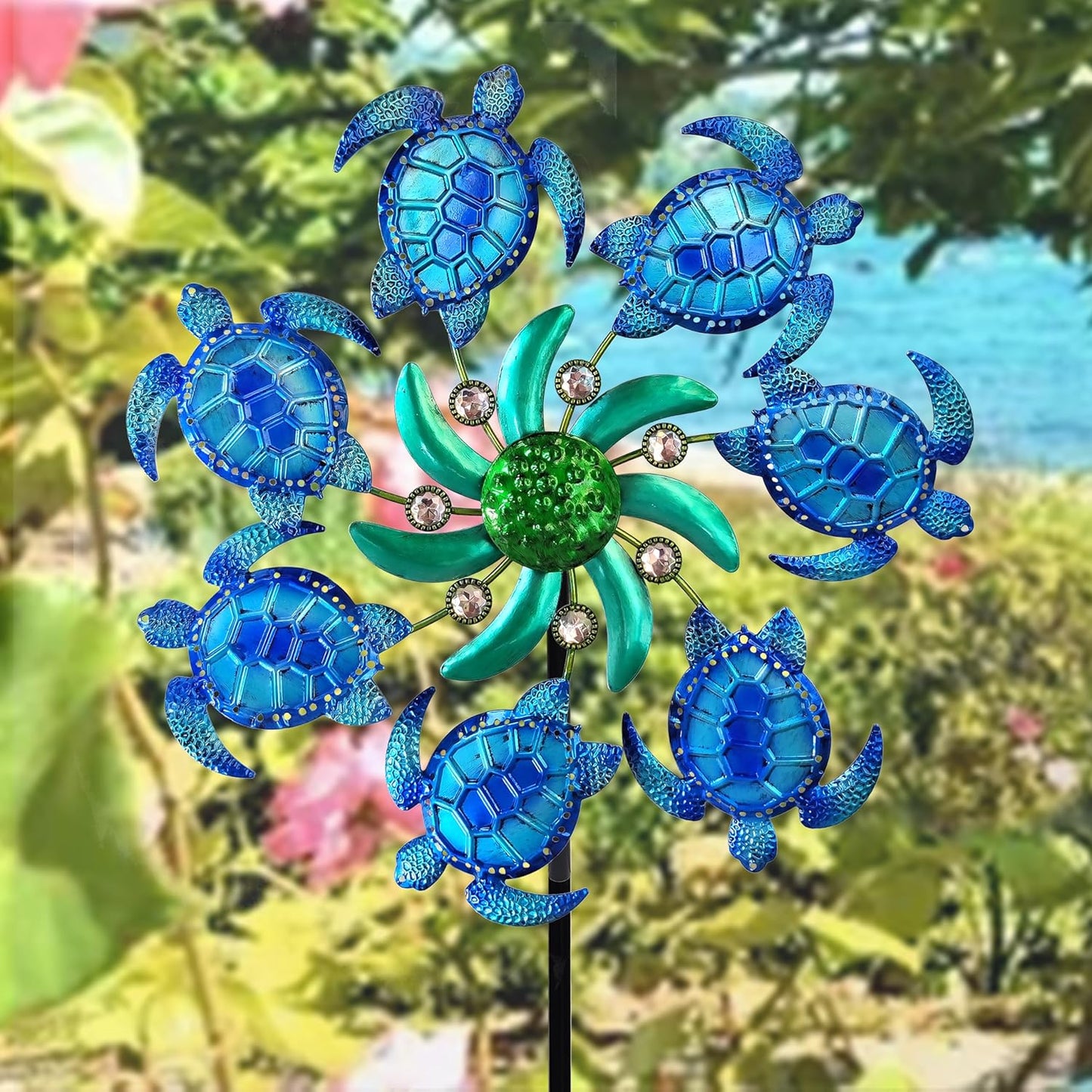 39" Sea Turtle Wind Spinners Metal Garden Stake-Outdoor Ocean Theme Wind Spinners - Metal Stake Yard Spinners-Wind Sculpture Yard Art Decorations for Patio,Lawn & Garden Decor-Blue