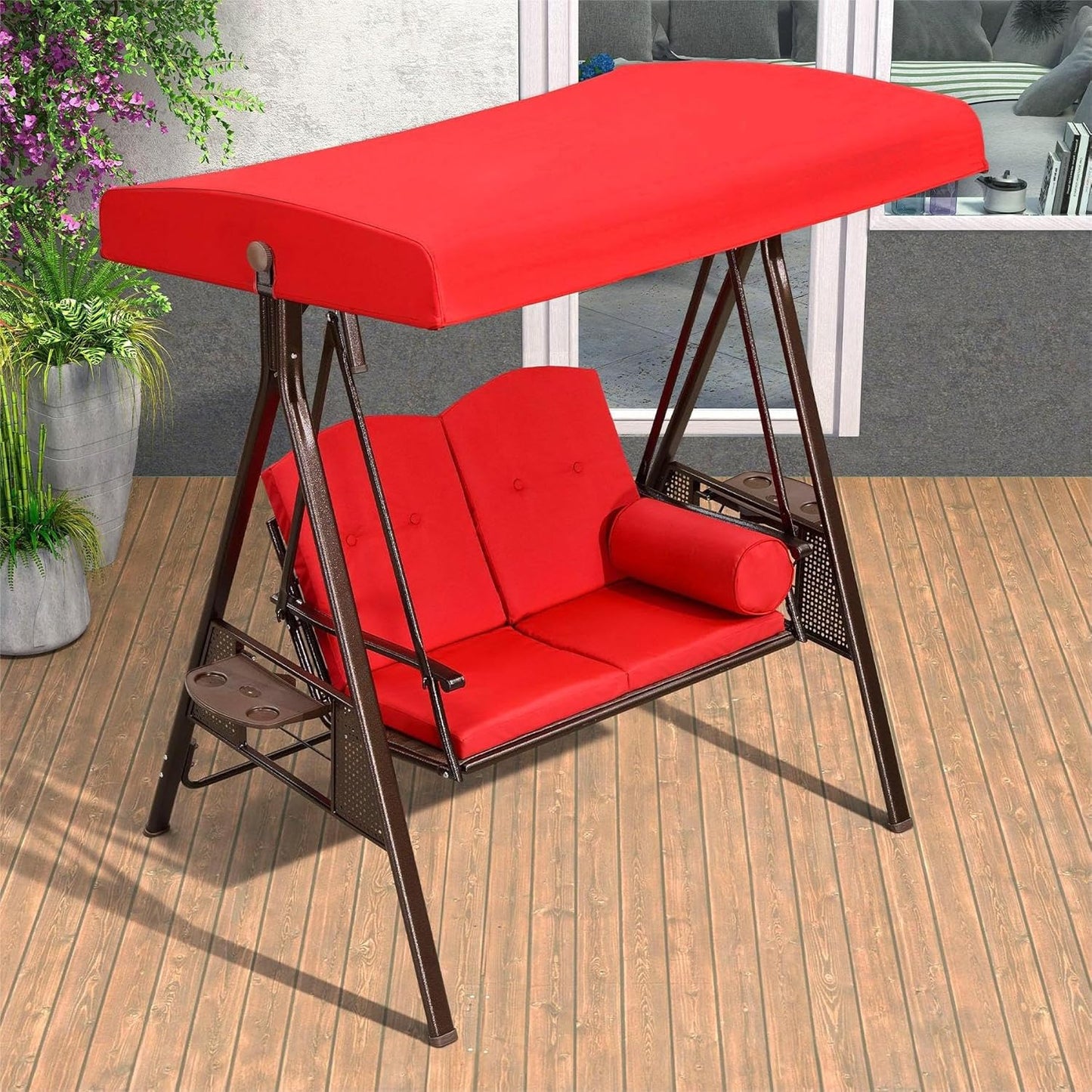 PURPLE LEAF 2-Seat Deluxe Outdoor Patio Porch Swing with Weather Resistant Steel Frame, Adjustable Tilt Canopy, Cushions and Pillow Included, Terra