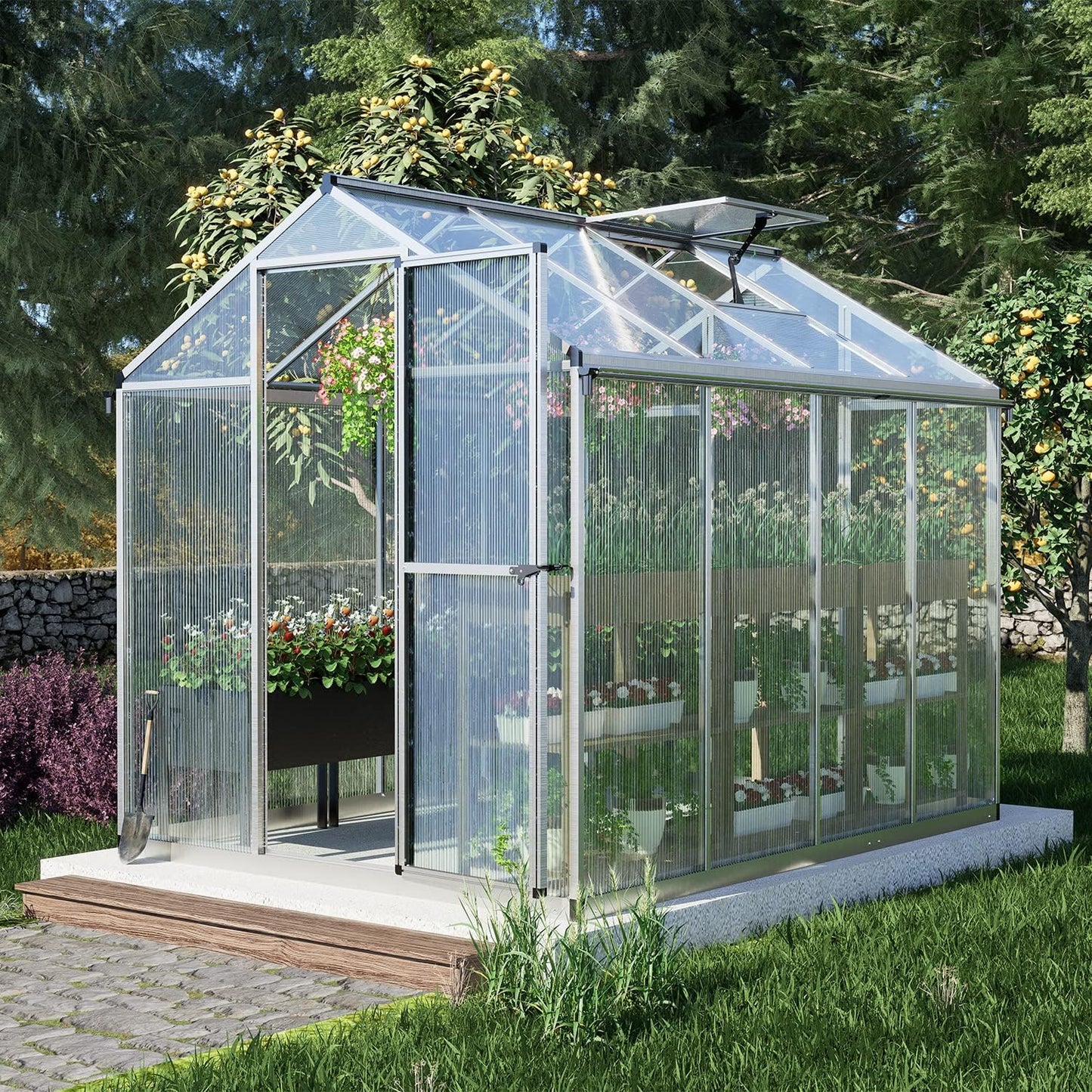 BPS 6' x 8' Walk-in Polycarbonate Greenhouse with Heavy-Duty Aluminum Frame, 1 Vent Window & Lockable Door for Outdoor, Patio, Backyard, and Garden Use