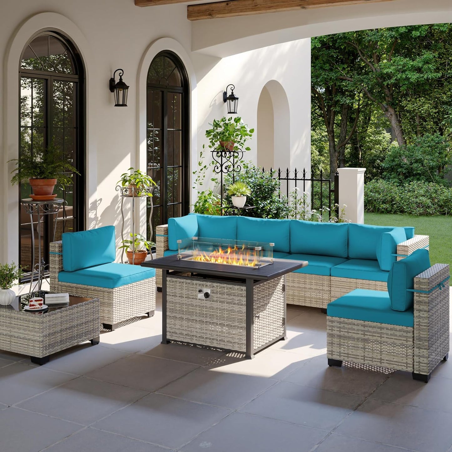8-Piece Modern Patio Conversation Set with 55,000 BTU Fire Pit Table, Thick Cushions, Dual-Strand Wicker Rattan, Rust-Resistant Frame, Lake Blue