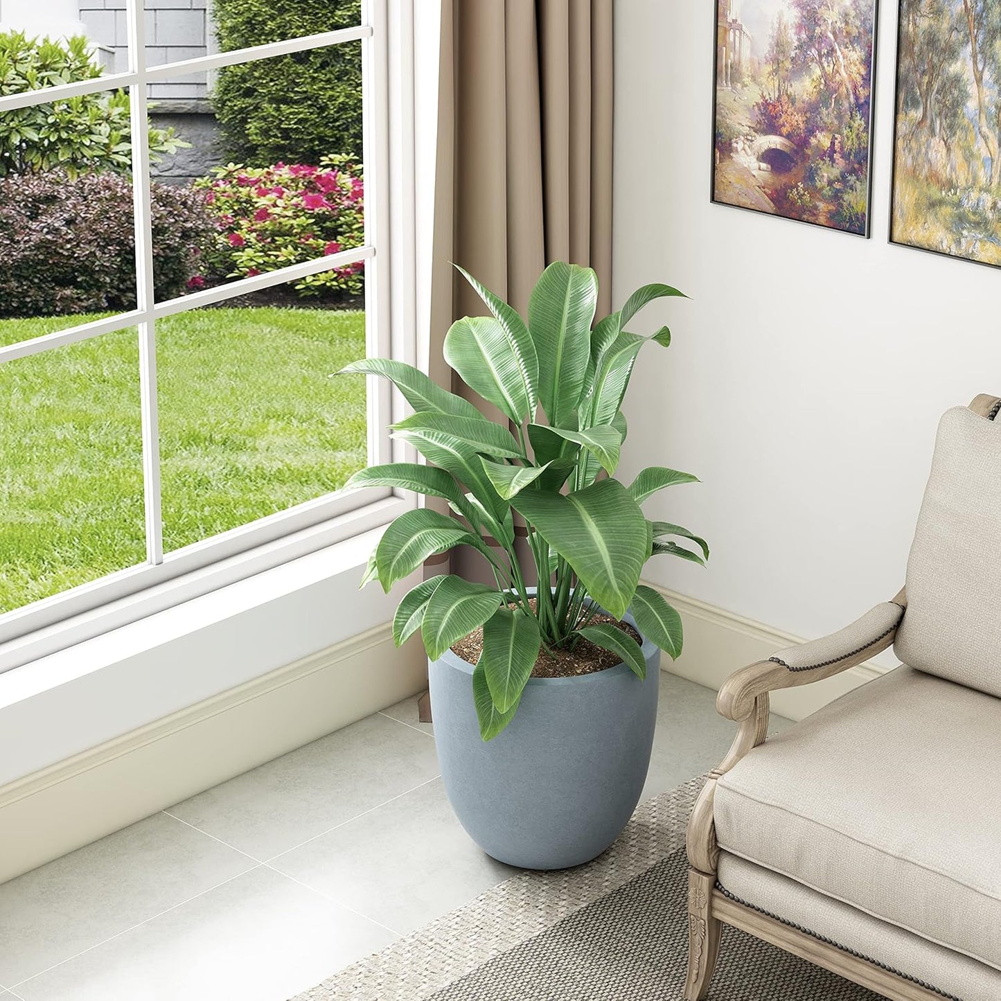 Kante 10 Inch Dia Round Concrete Planter, Indoor Outdoor Large Plant Pot with Drainage Hole and Rubber Plug for Home Patio Garden, Gray