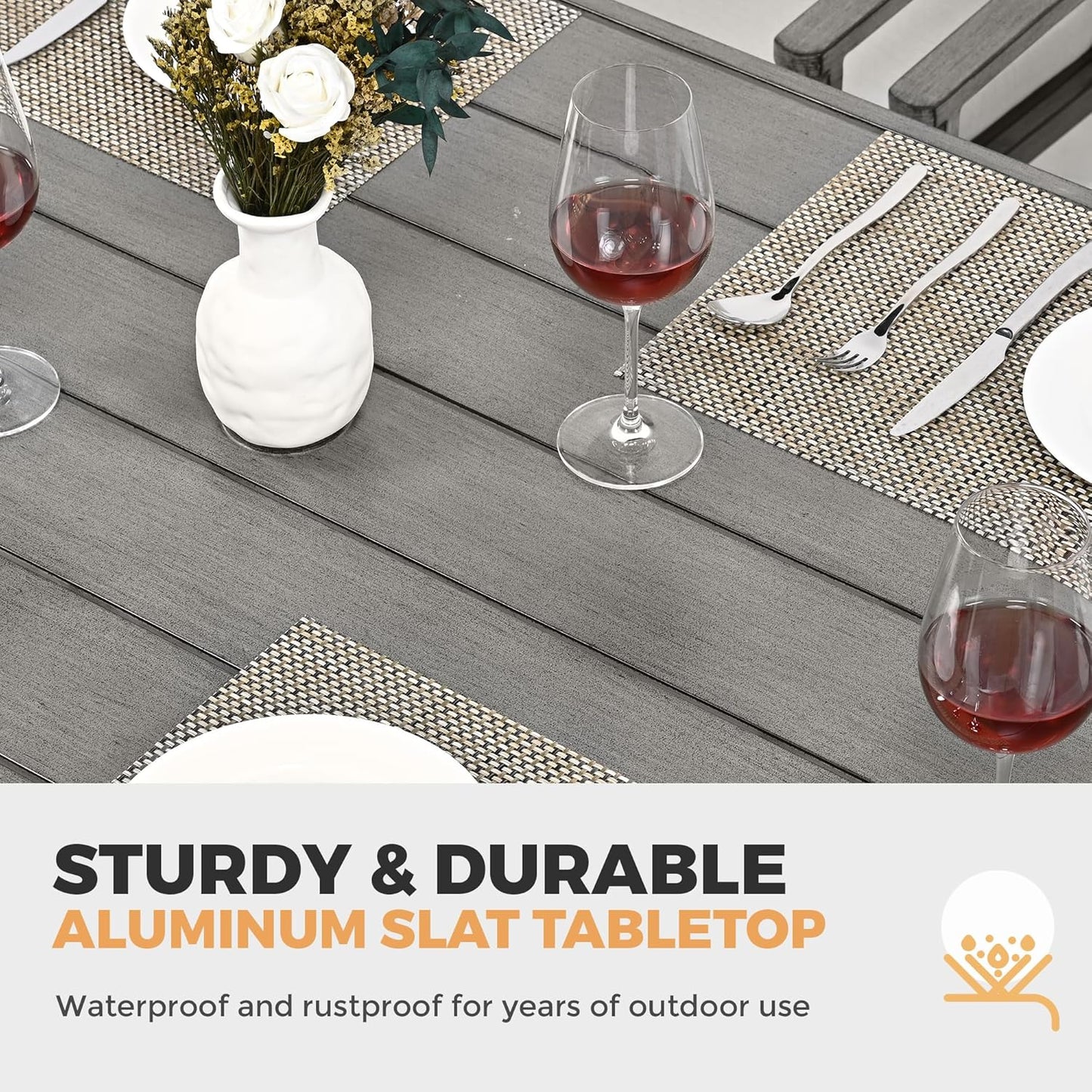 HAPPATIO Square Outdoor Dining Table - Patio Aluminum Slat Dining Table with 2.2" Umbrella Hole, 4 Person Dining Table for Garden, Backyard and Poolside