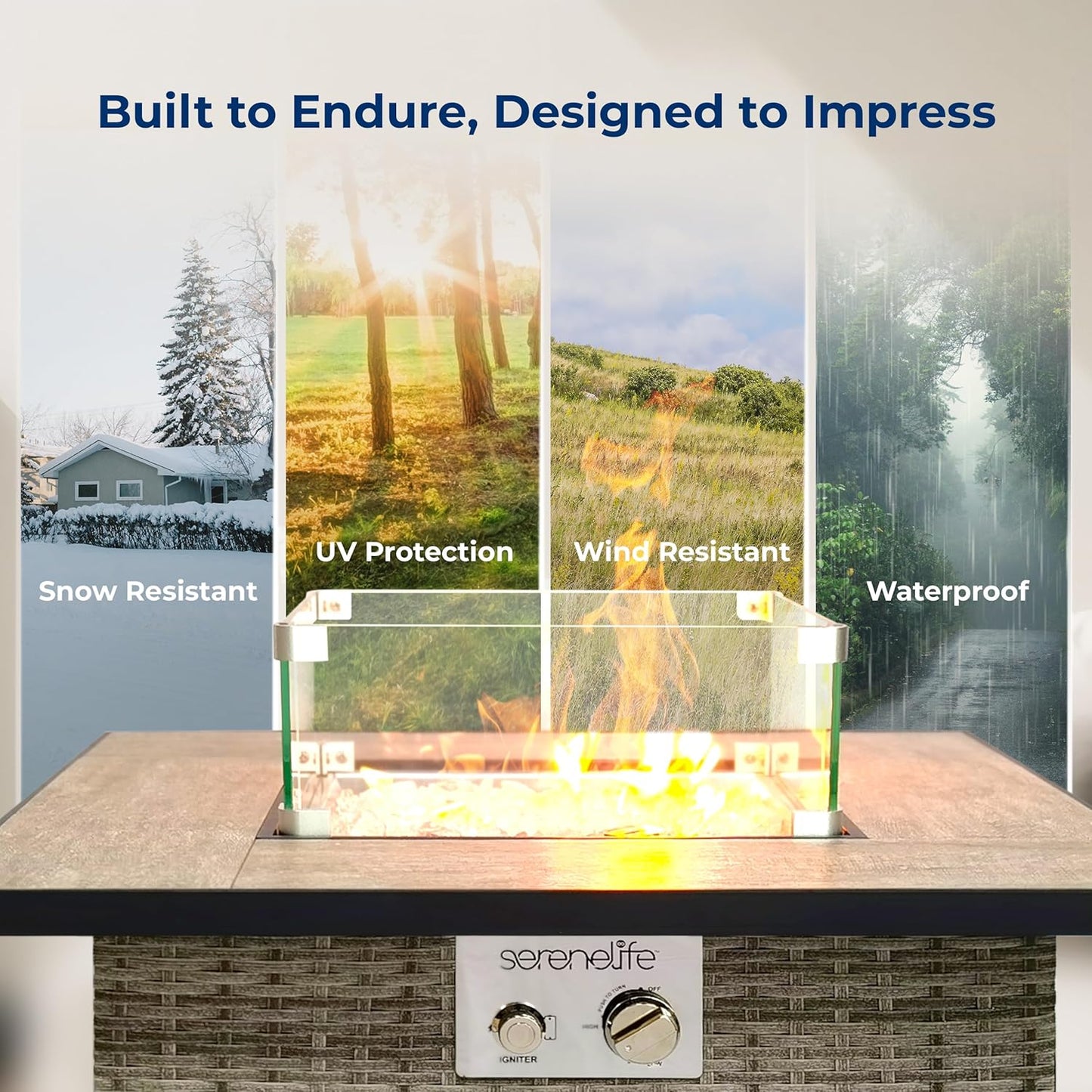 SereneLife Outdoor Propane Fire Pit Table - CSA/ETL Certified Safe 50,000 BTU Pulse Ignition Weatherproof Square Wicker Propane Gas Fire Table w/Tile Tabletop Adjustable Flame - Glass Rocks