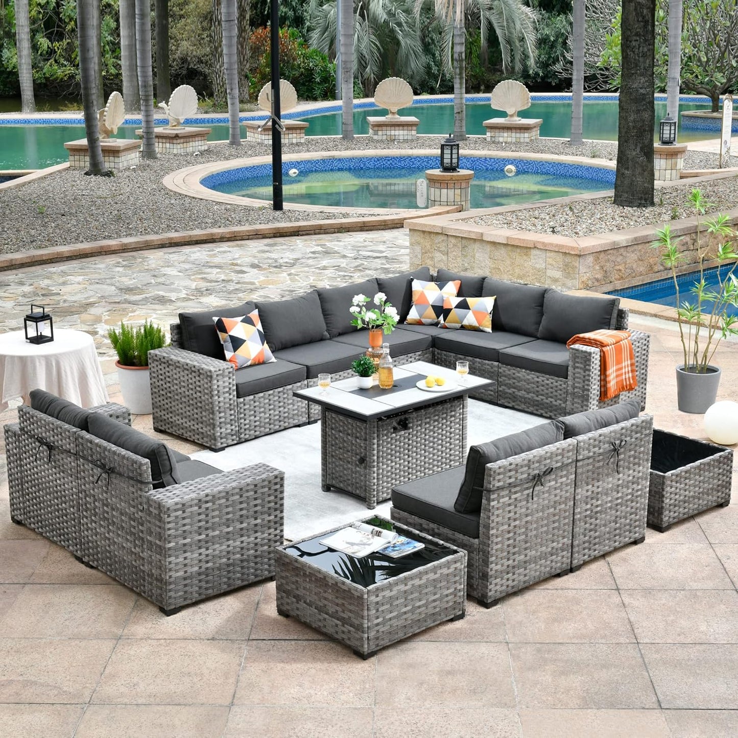 HOOOWOOO 13 Piece Modular Patio Outdoor Sectional Furniture Set with Gas Propane Fire Pit Table,Wicker Conversation Sofa Set,Out Door Couch Set with Wide Arm Outside(Black)
