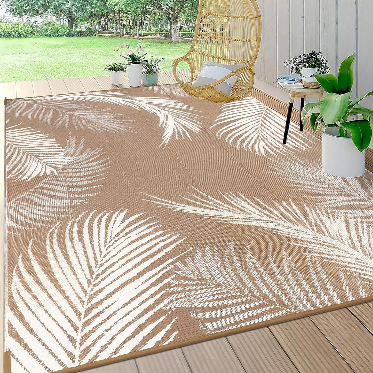 Pauwer Waterproof Outdoor Rug 10x14, Reversible Plastic Straw Patio Camping Rug, Indoor Outdoor RV Mat Carpet for Deck, Camper, Porch, Balcony, Backyard, Picnic, Leaf Brown