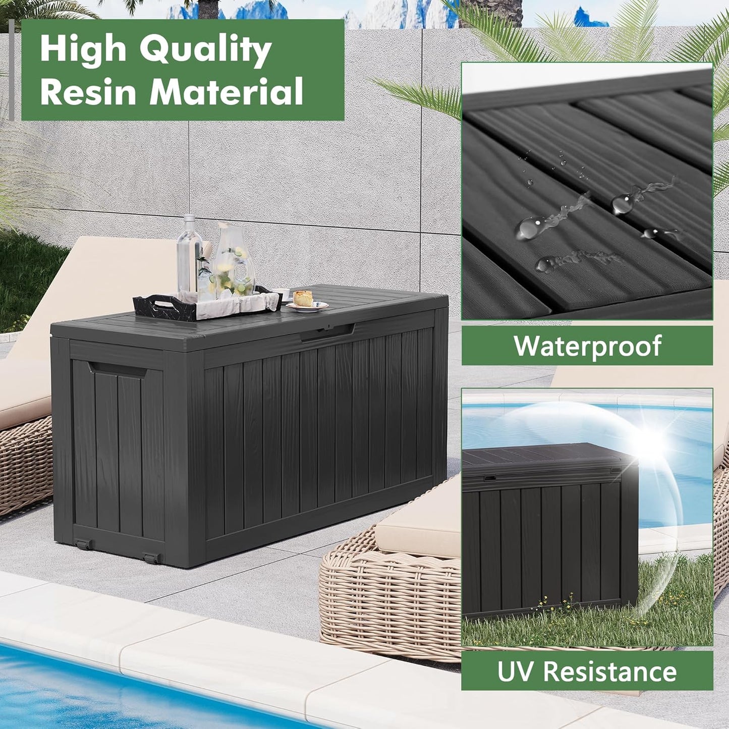 NUNU LAB 75 Gallon Outdoor Storage Box,Large Resin Sturdy Deck Box, Backyard Outside Storage Box Waterproof with Double Wall Panels,Package Delivery Garden Hose Storage Bin Outdoor Tool