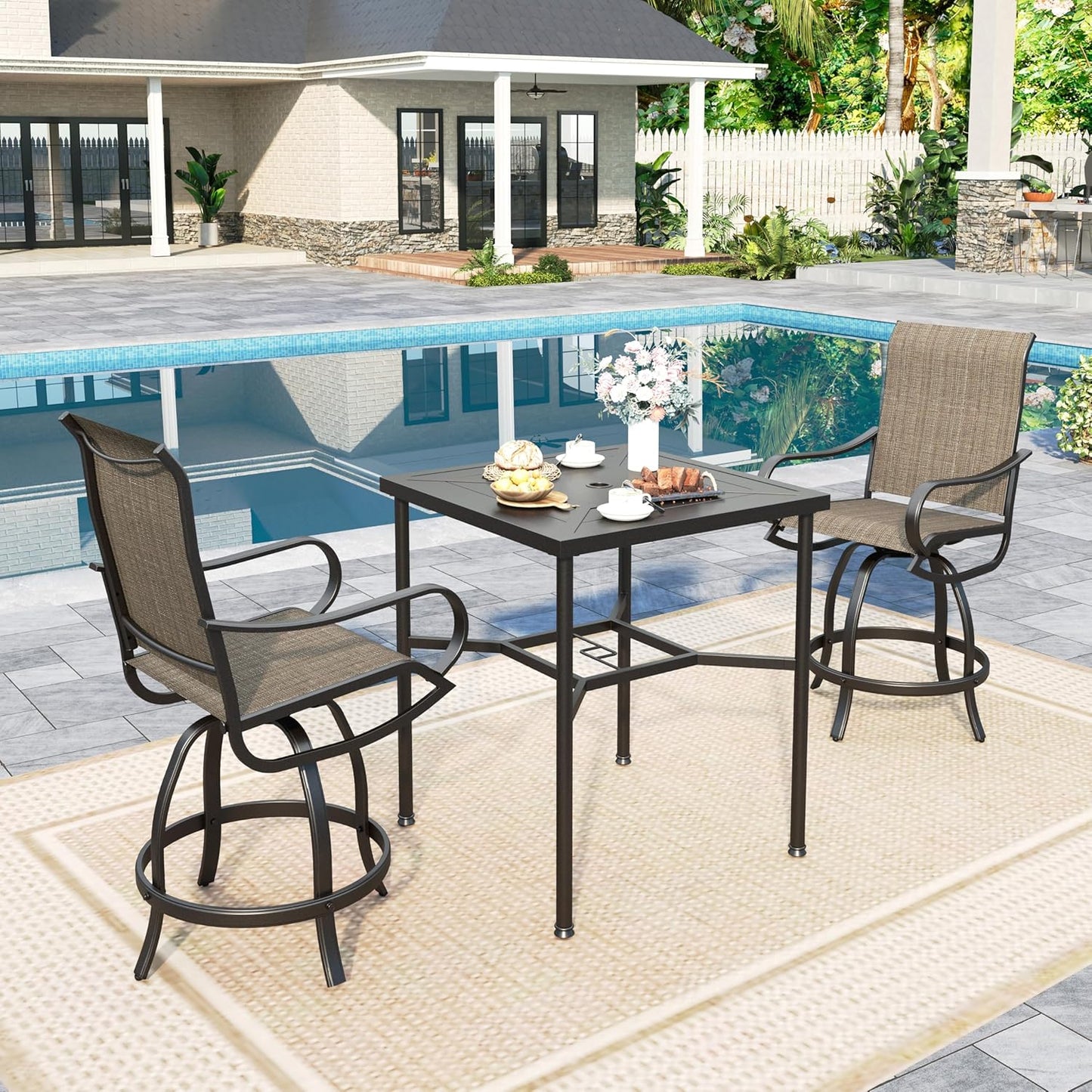 Sophia & William 3 pcs Outdoor Bar Set, Patio Bar Table and Chairs Set, Counter Height Patio Set - 2 x Swivel Bar Chairs, 1 x Square Bar Table