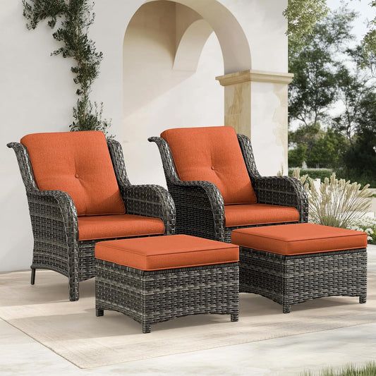 4 Pieces Patio Conversation Set, Wicker Chairs Set of 2 and Two Ottomans with 3.5-inch Seat Cushions, High Back and Curved Armrest for Backyard, Balcony and Deck, Orange