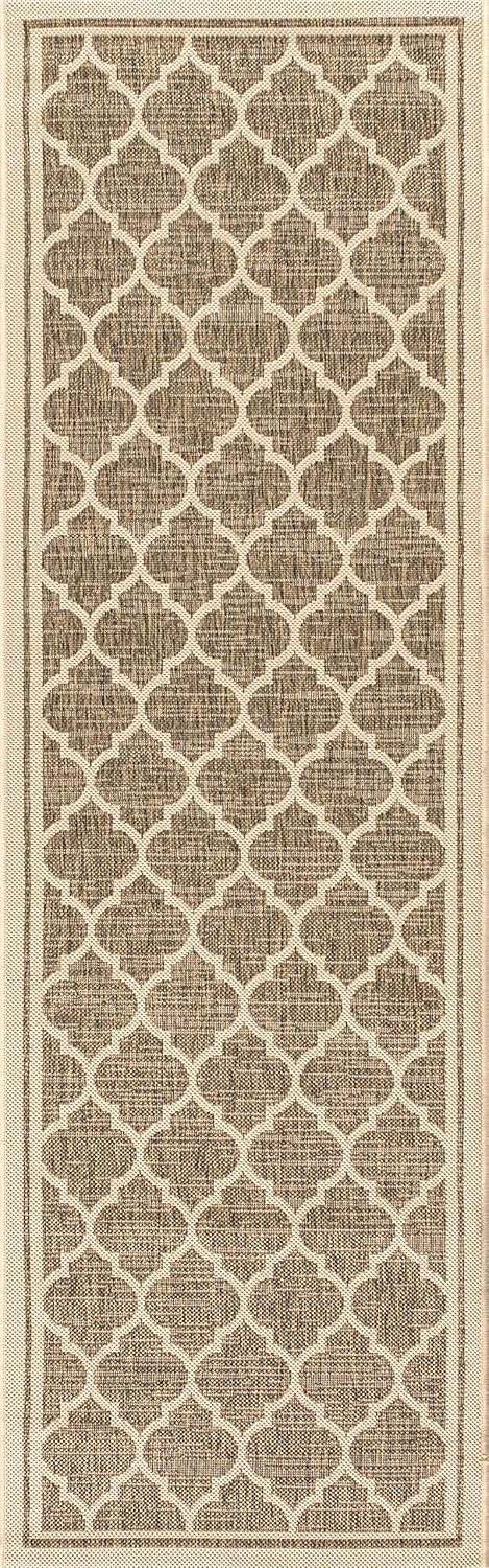 Eyely BMS109A-210 Santa Monica Trebol Moroccan Trellis Textured Weave Indoor/Outdoor Runner Rug Coastal;Bohemian, Bedroom, Backyard, Patio, Easy-Cleaning, Non-Shedding, 2 X 10, Brown/Beige