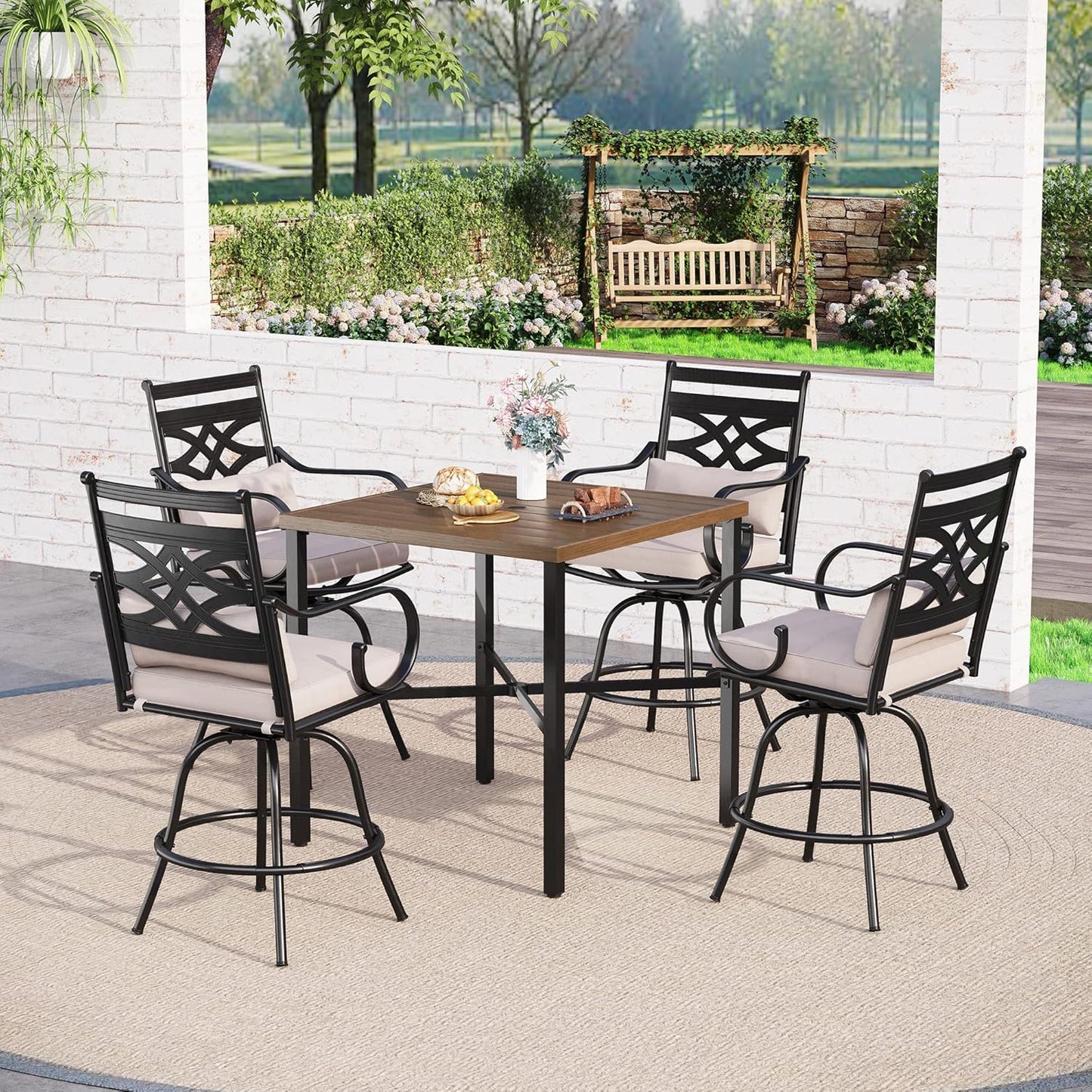 Sophia & William Outdoor Patio Bar Set 5 Piece High Dining Table and Chairs Furniture Set-4 Swivel Bar Stools with Beige Cushion and 1 Square Bar Height Table with Hand-Painted Metal Top