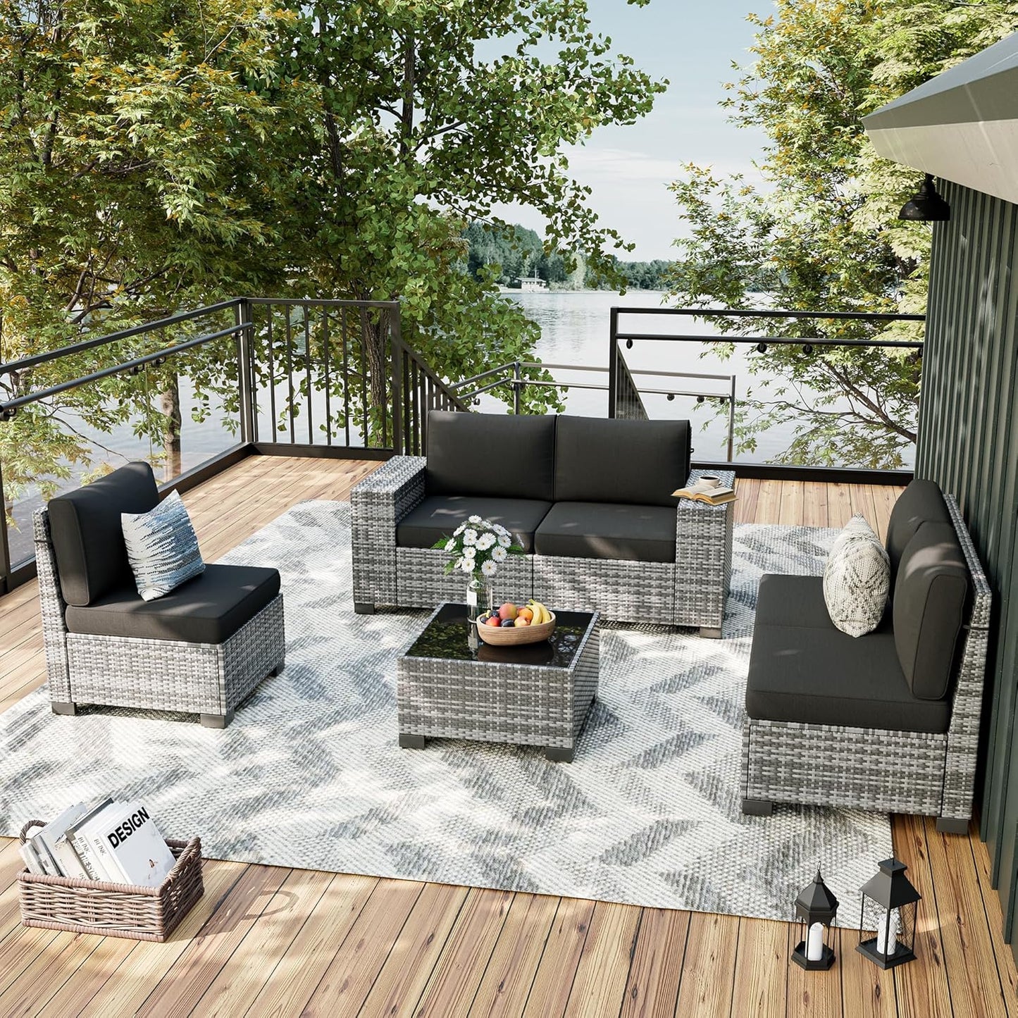 UDPATIO Patio Furniture Set, 8 Inch Armrest Patio Sectional Furniture, 6 Piece Wicker Outdoor Sectional Conversation Sets with Waterproof Cover and Coffee Table for Backyard Deck(Grey/Black)