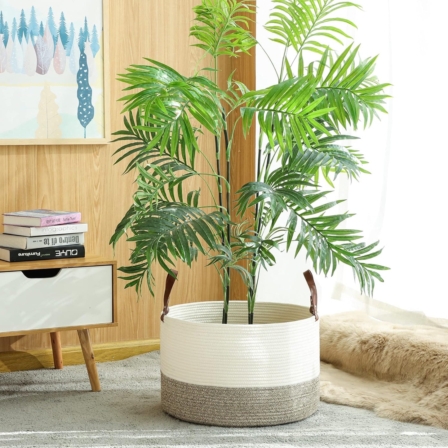 KAKAMAY Large Blanket Basket (20"x13"),Woven Baskets for storage Baby Laundry Hamper,Cotton Rope Blanket Basket for Living Room, Laundry, Nursery, Pillows, Baby Toy chest (White/Beige)