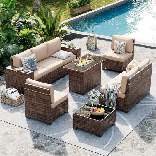 UDPATIO Patio Furniture Set with Fire Pit Table, 8 Inch Armrest Outdoor Sectional Sofa, 9 Piece Wicker Outdoor Furniture Conversation Sets with Waterproof Cover for Backyard Deck(Brown/Khaki)