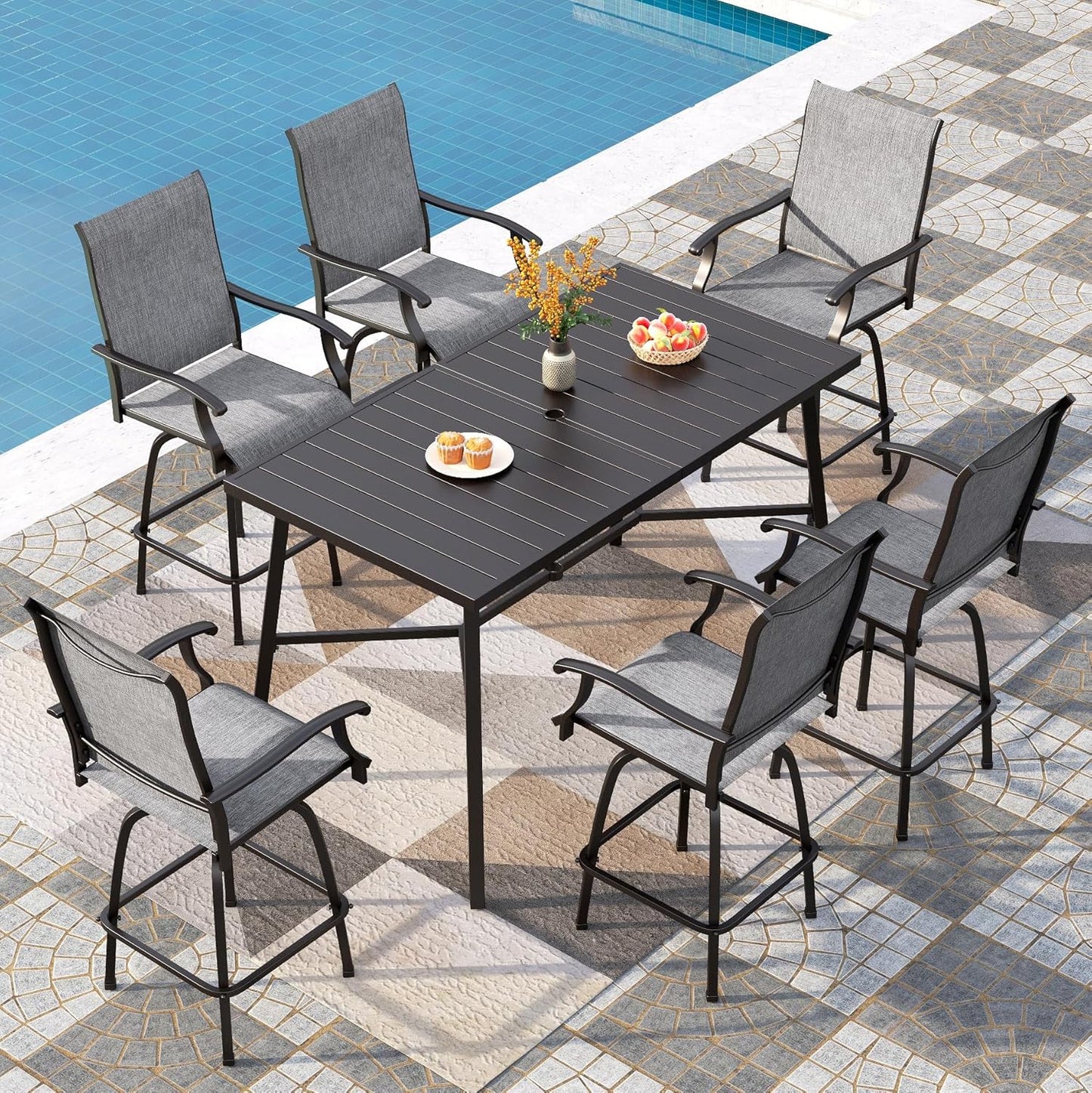 PHI VILLA Outdoor Swivel Patio Bar Stools Set of 6, 30 Inch Bar Height Tall Patio Chairs with Back & Armrest, Durable Textilene Fabric in Grey for Deck Lawn Garden