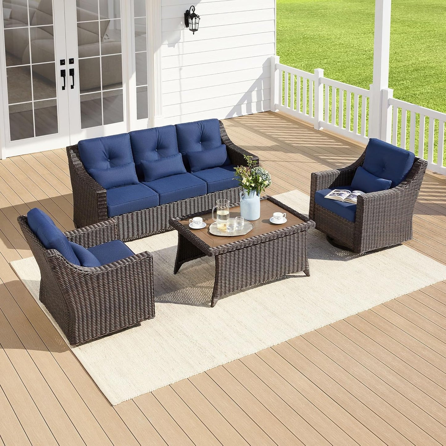 CHITA 4 Pieces Wicker Patio Furniture Set, Outdoor Conversation Set with 2 Pieces Rattan Rocking Swivel Chairs, 3-Seater Sofa, Coffe Table