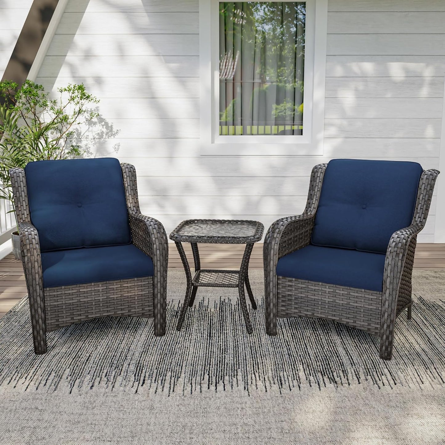 3 Pieces Outdoor Patio Chairs Set - Wicker Patio Conversation Sets with 1 Side Table, Olefin Fabric Cushions Suitable for Backyard Deck and Porch,Blue