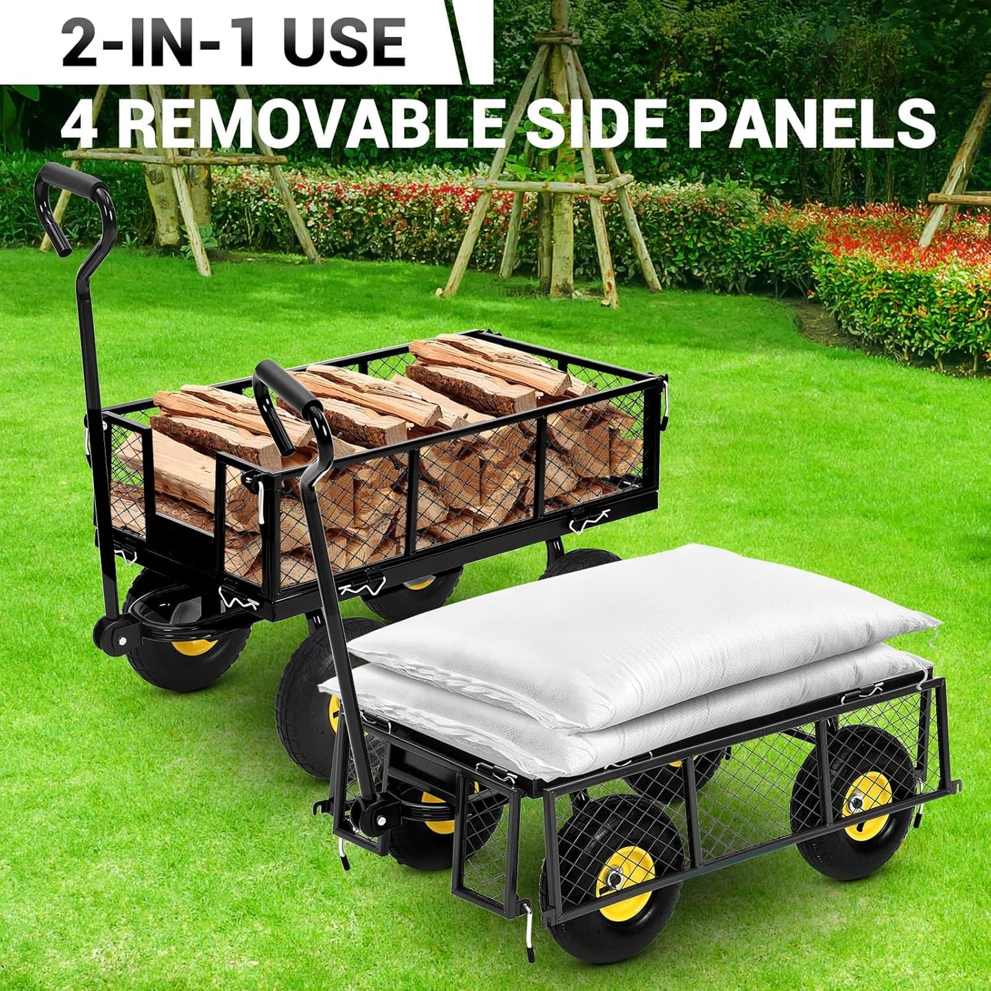 Heavy Duty Steel Garden Cart, 550LBS Pullable Metal Garden Wagon with 10" Wheels, 180° Rotating Handle and Removable Sides for Outdoor, Farm, Yard, Beach ﻿