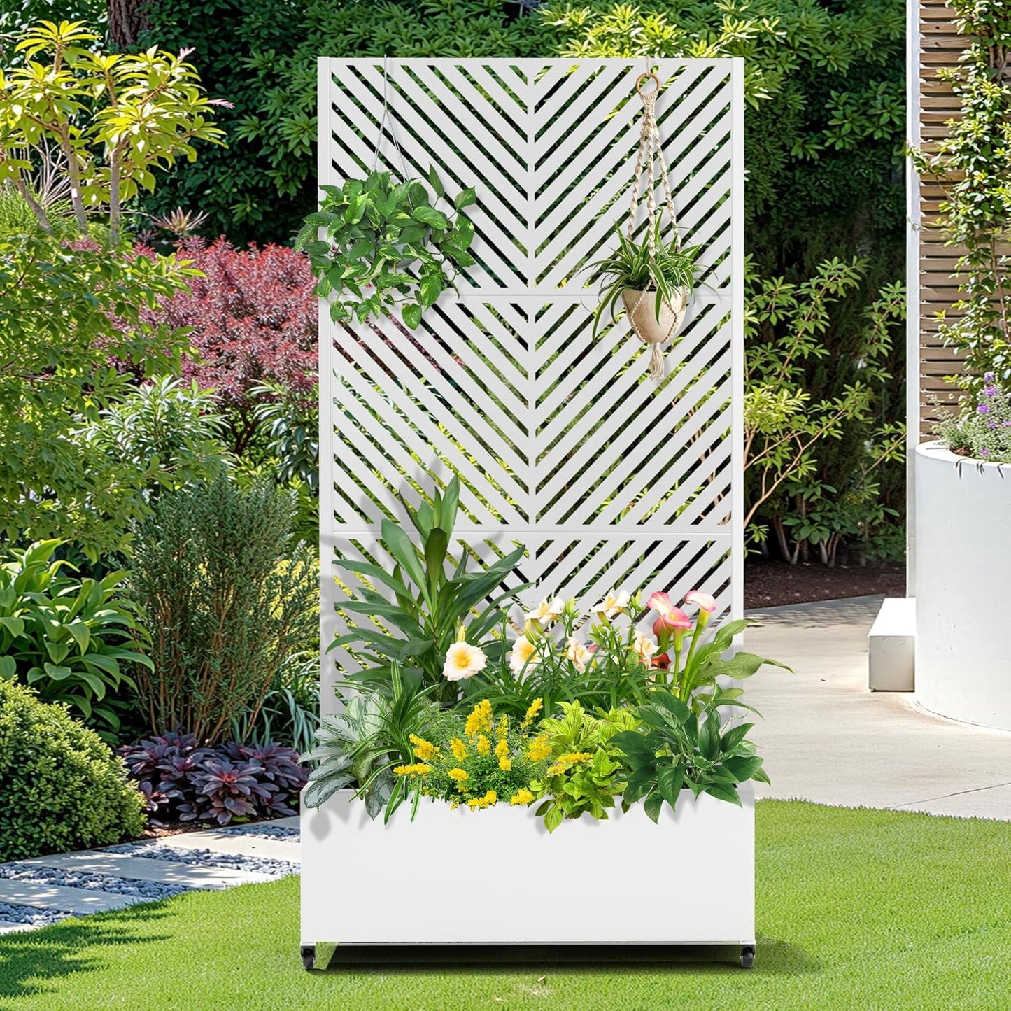 FENCY Metal Raised Garden Bed with Wheels and Trellis,73"x35"x16" Planter Box for Climbing Plants, Vegetables & Vines, Features Privacy Screen and Drainage Holes (White-Arrow)