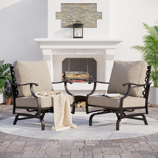 Metal Outdoor Patio Rocker Chairs Set of 2 with 5.75" Extra Thick Cushion, 2 Piece High Back Rocker Patio Chairs All Weather Outdoor Furniture Seating for Deck Porch Backyard, Beige
