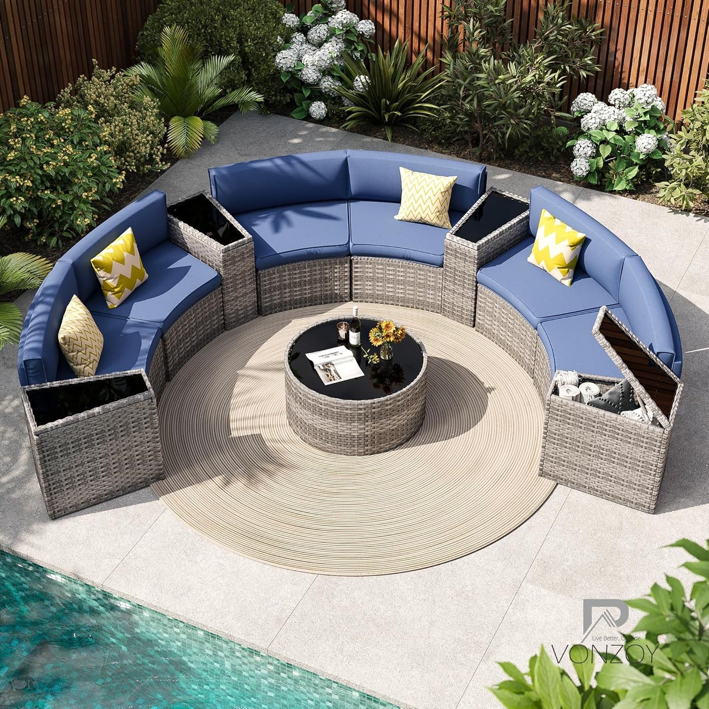 Patio Sectional Furniture Outdoor 11-Piece Grey Rattan Curved Sofa Set with Storage Table, Pillows, Fit for Pool Backyard Balcony Porch Lawn (Navy)