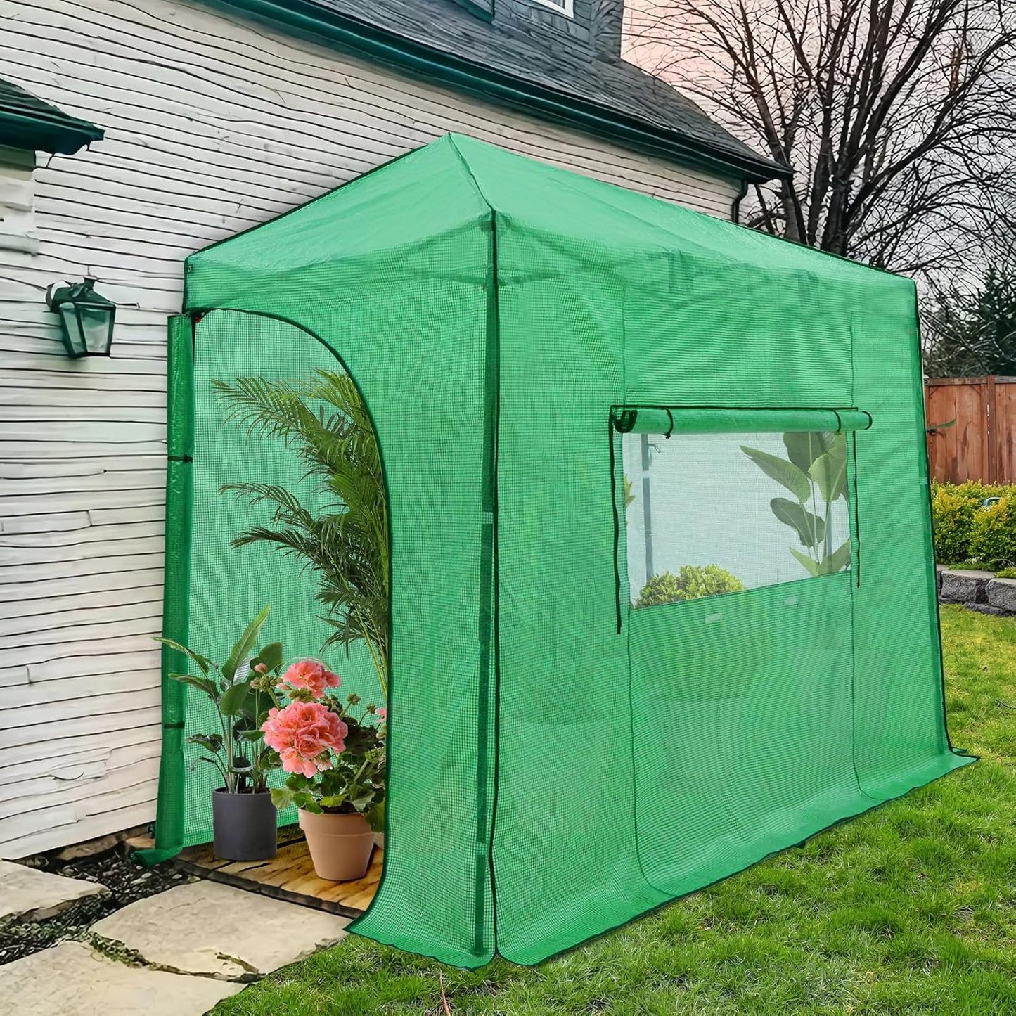 EAGLE PEAK Instant Pop-up Greenhouse, Indoor Outdoor Plant Gardening Green House, Roll-Up Zipper Doors and Side Windows, Lean-to 10x5 ft, PE Cover, Green/Clear