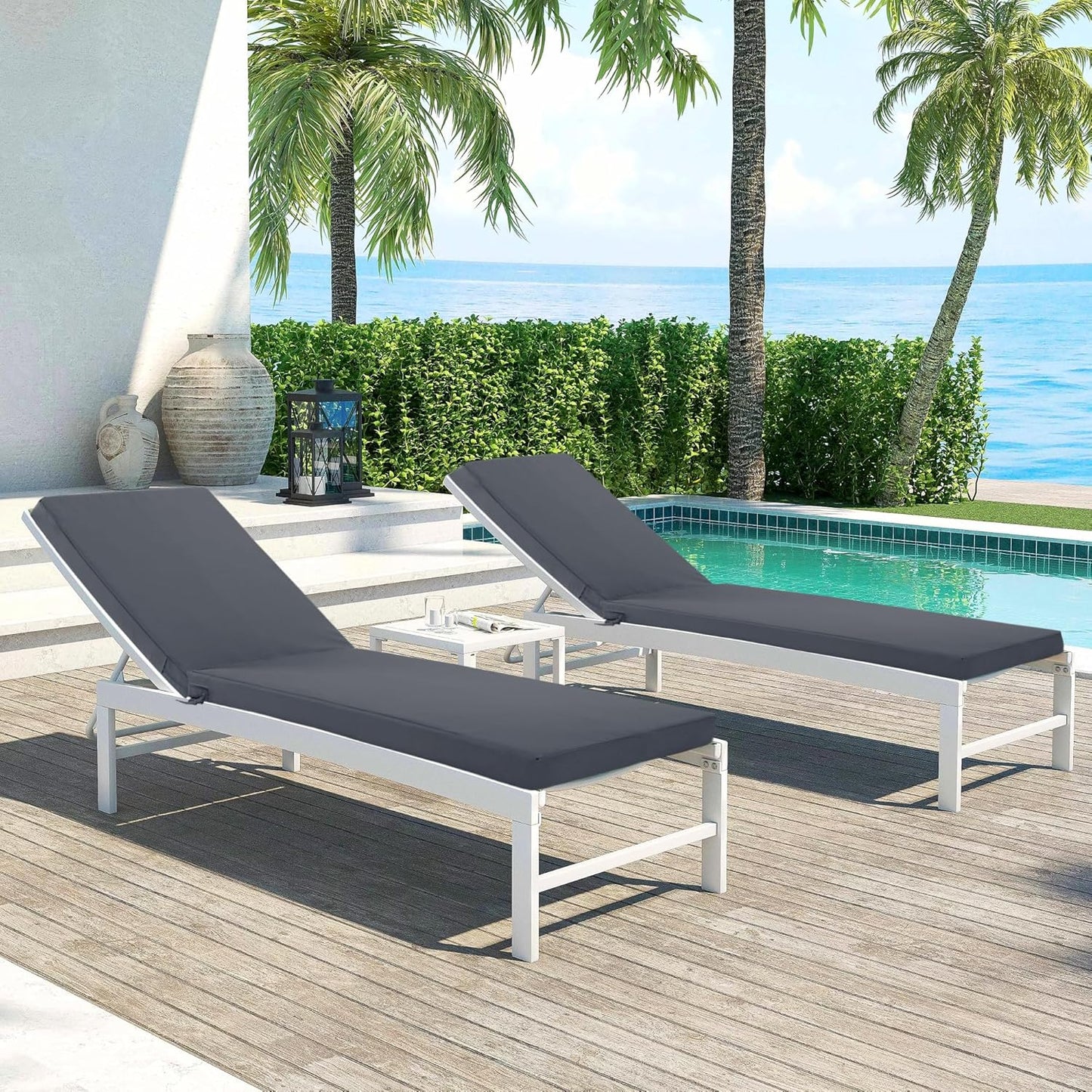 Chaise Lounge Cushions Outdoor Set of 2 - Waterproof and Fade Resistant Sun Lounger Replacement Cushions - Patio Lounger Pads with Removable Cover for Pool, Deck, 72 x 21 x 3 Inch, Dark Grey
