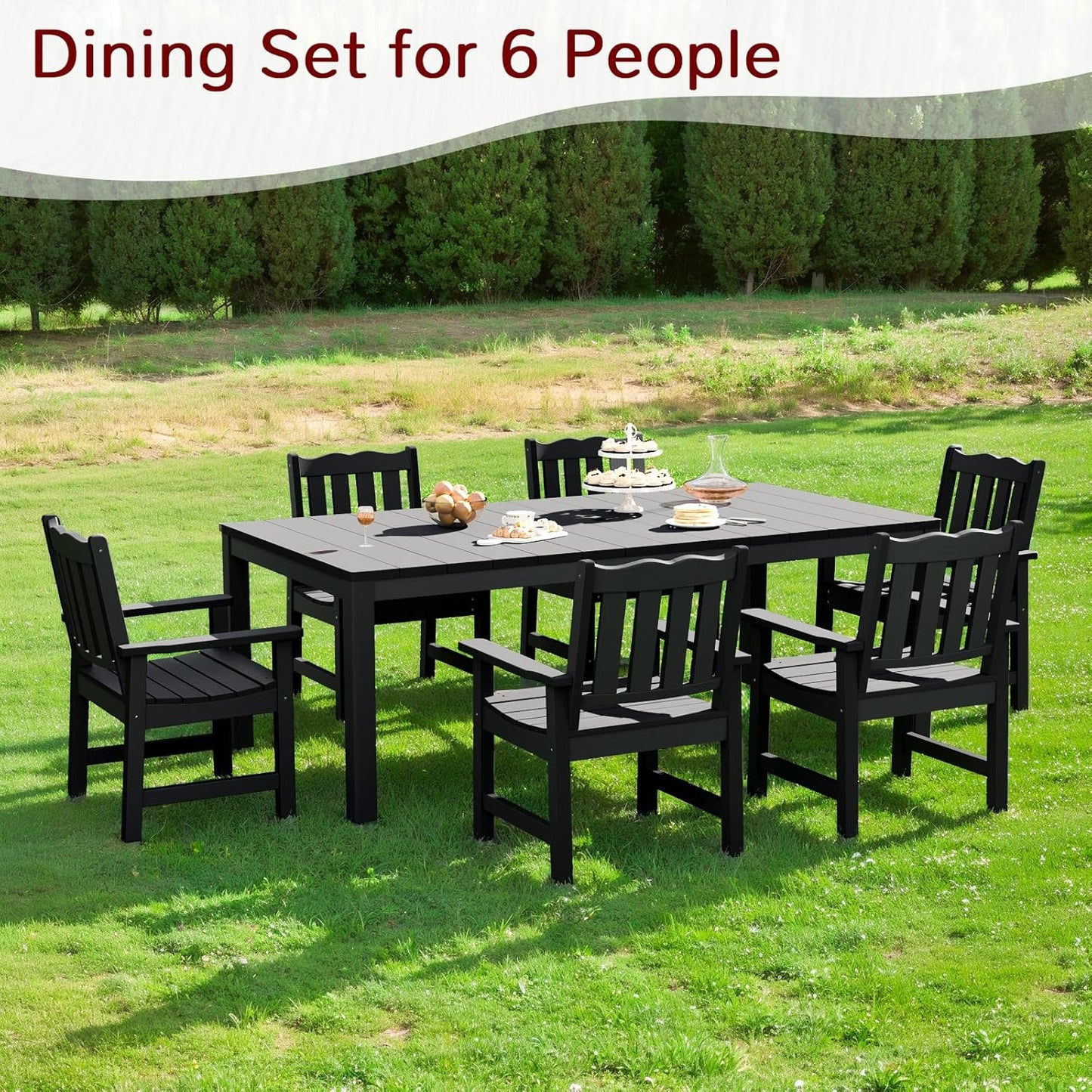 Stoog 7 Pieces Patio Dining Sets, All-Weather HIPS & Aluminum Outdoor Dining Table with Umbrella Hole, Patio Furniture Set Include 1 Table and 6 Chairs, for Backyard, Garden and Deck, Black