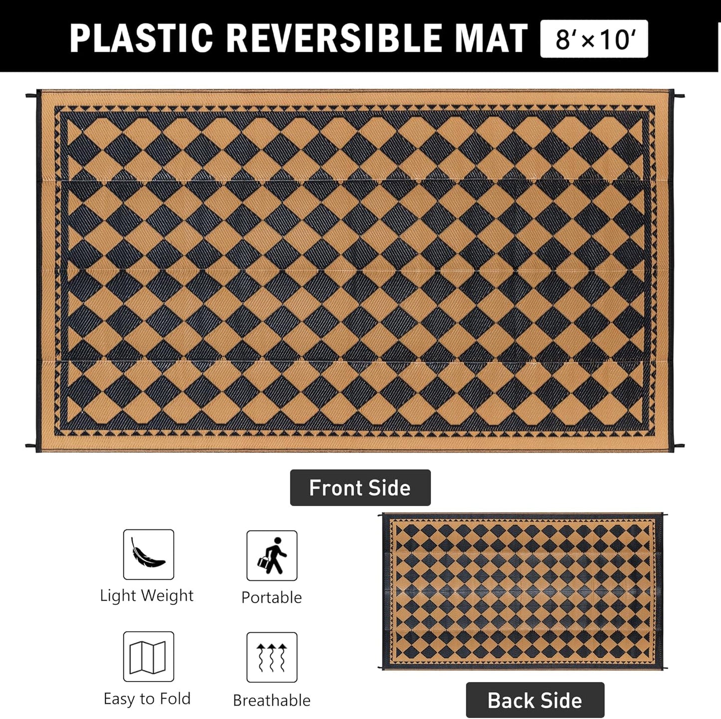 Outdoor Waterproof Rug 8'x10' Plastic Straw Rugs Washable Reversible Floor Mat Brown Plaid Carpet for Camping RV Deck Entryance Porch Picnic Balcony Beach Backyard