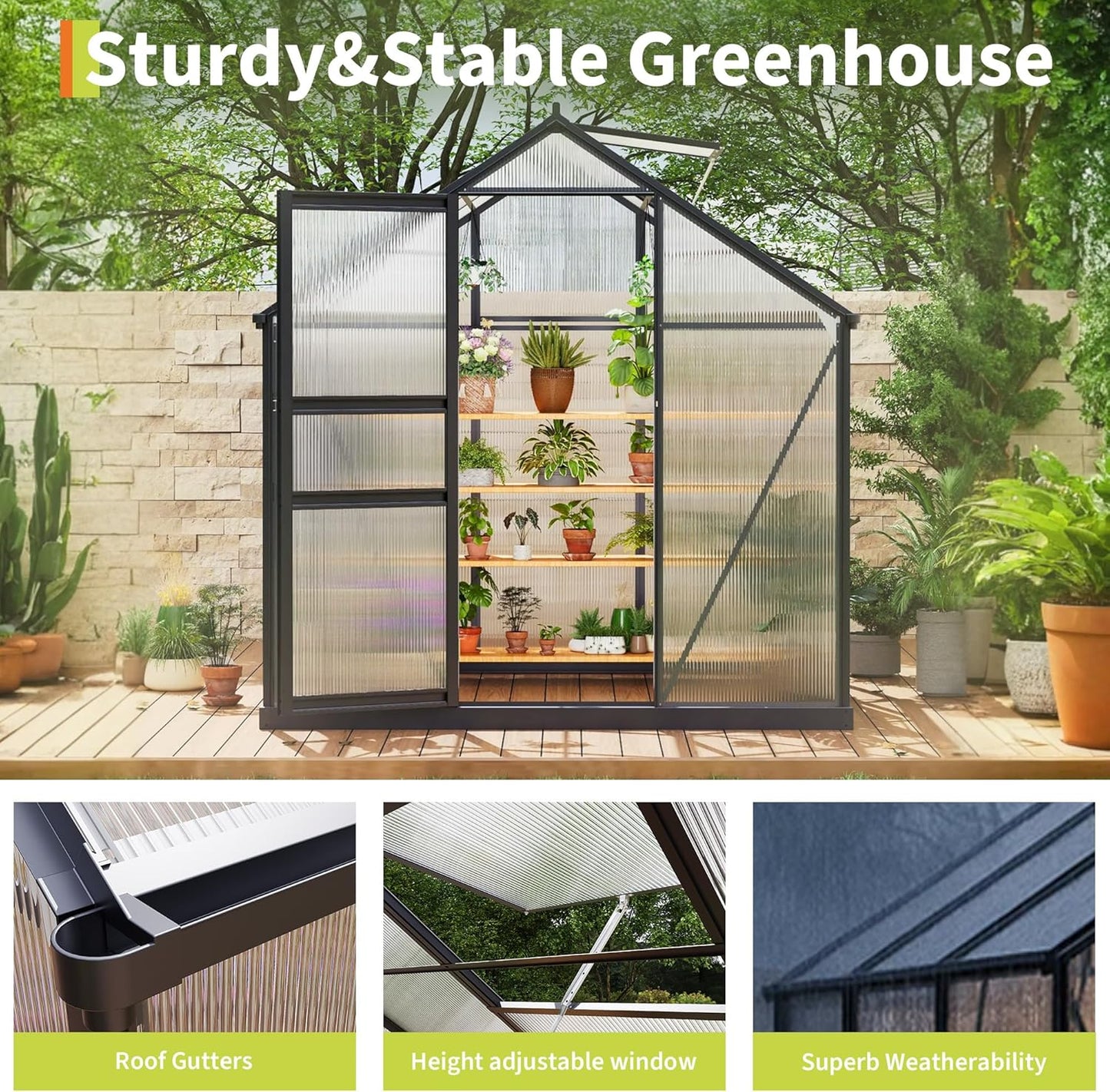 6×6FT Polycarbonate Greenhouse for Outdoors, Large Walk in Green House Kit and Winter Garden Planting, Enhanced Aluminum Green Houses for Outside to Protect Vegetables or Plants