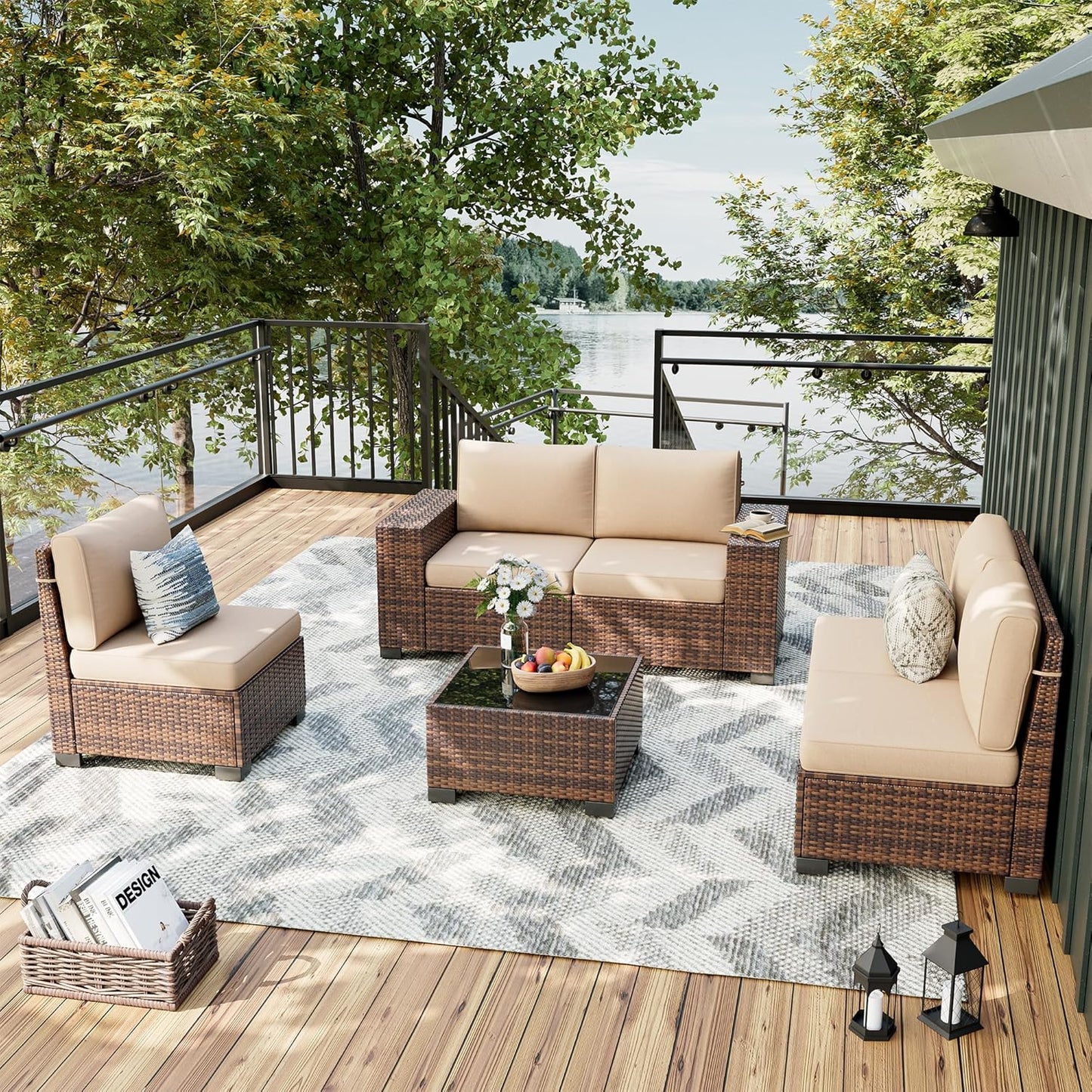 UDPATIO Patio Furniture Set, 8 Inch Armrest Patio Sectional Furniture, 6 Piece Wicker Outdoor Sectional Conversation Sets with Waterproof Cover and Coffee Table for Backyard Deck(Brown/Khaki)