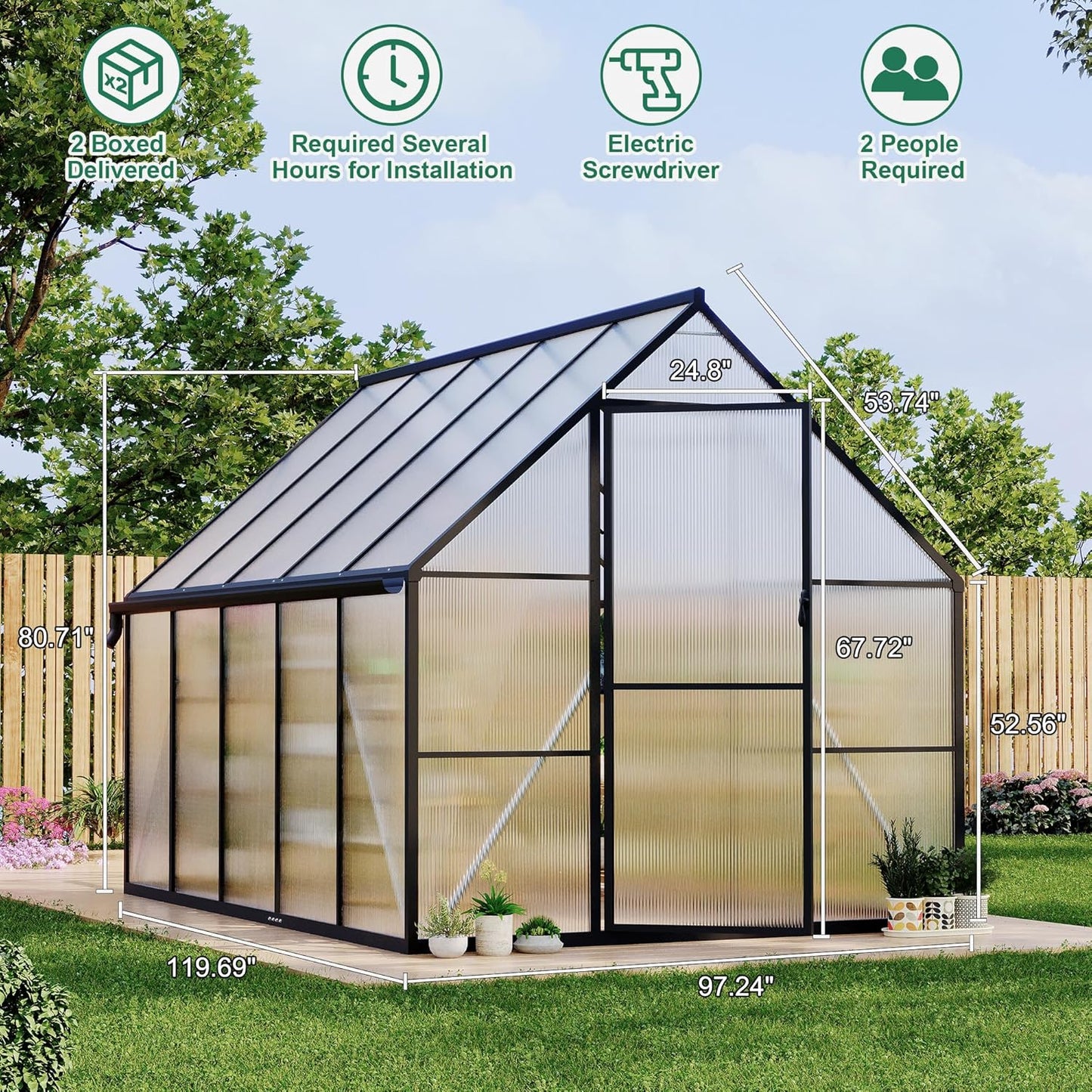 8'x10' Aluminum-Framed Polycarbonate Greenhouse, Heavy Duty Polycarbonate Greenhouse with Quick Setup Structure and Roof Vent, Large Enhanced Aluminum GreenhouseKit for Outdoors