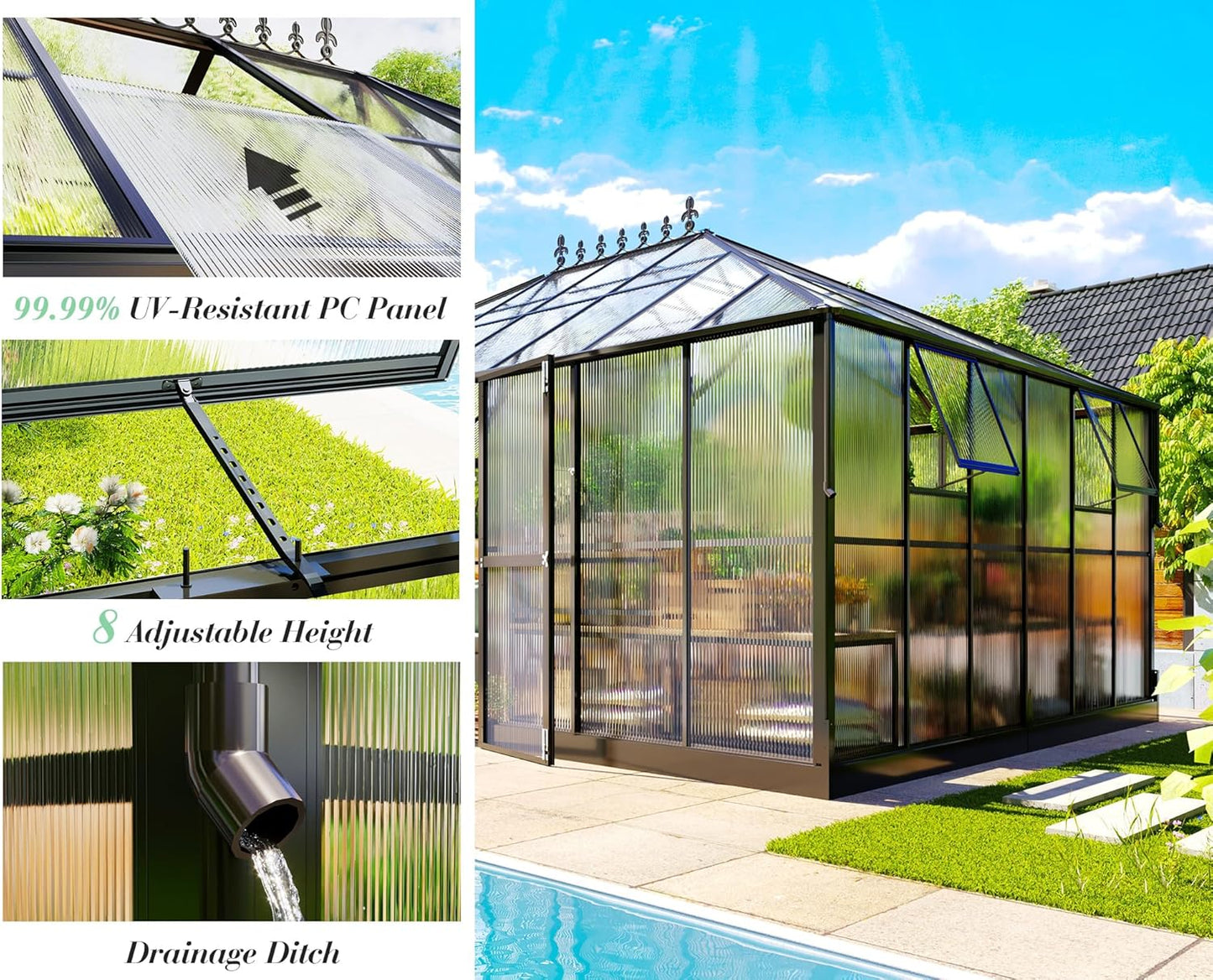 Jocisland 16x12x9.5 FT Polycarbonate Greenhouse- 6 FT Wall Height Outdoor Aluminum Greenhouses with 2 Ventilation and Rain Gutter, Double Doors with Hook, Walk-in Greenhouse for Backyard Garden