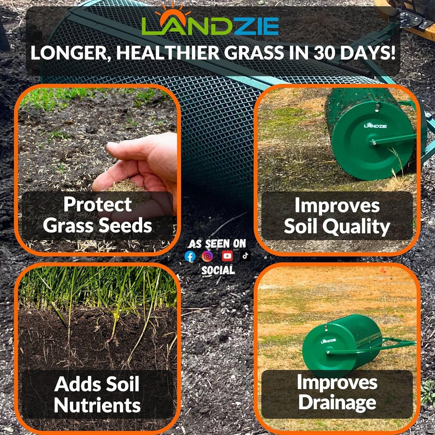 LANDZIE Lawn & Garden Spreaders - 44 Inch Heavy Duty Metal Mesh Basket Push/Tow Spreader - Compost, Peat Moss, Top Soil, Mulch - Durable Lightweight Multi-Purpose Yard Care Equipment - Manure Spreader