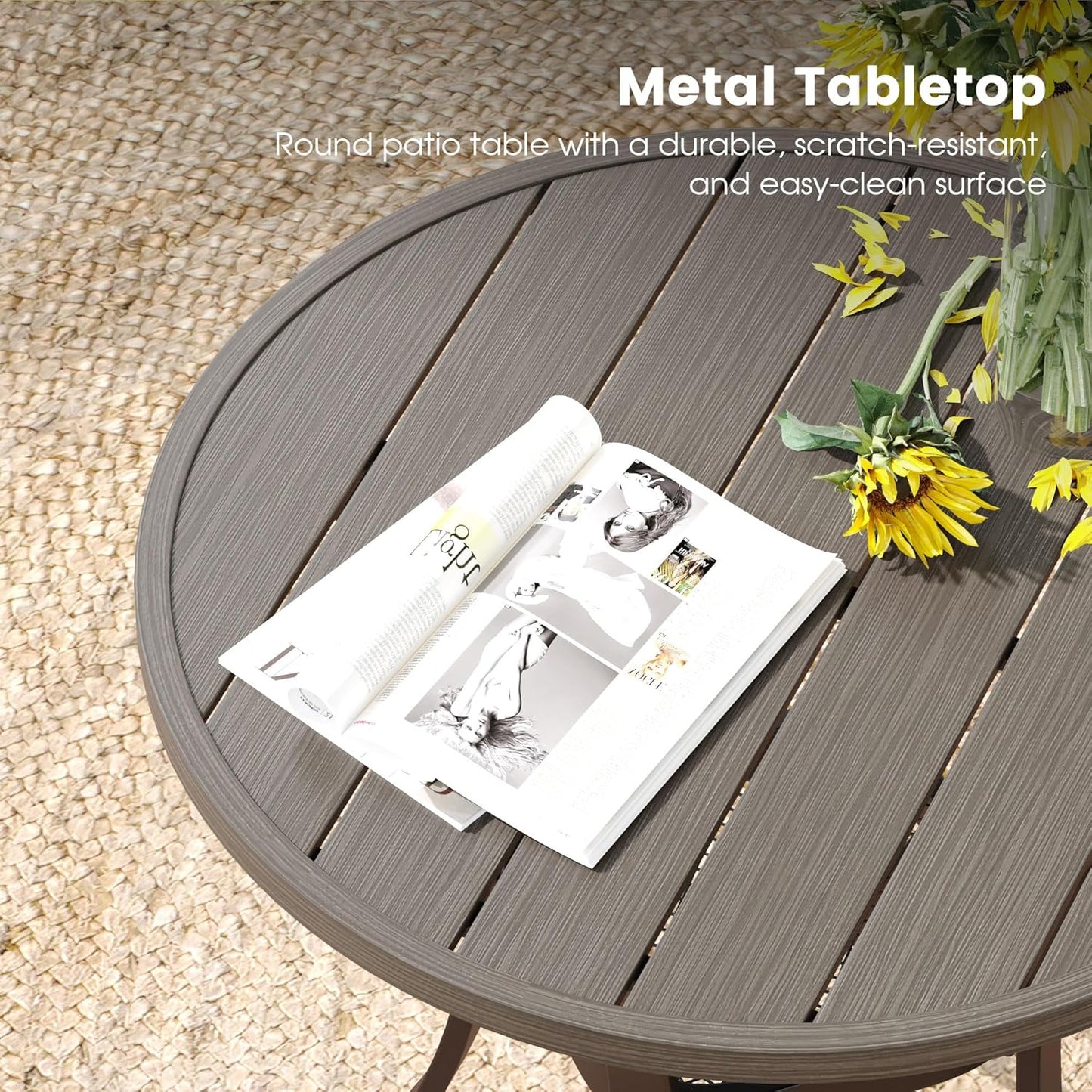 DIFY 27.6" Round Patio Dining Table, Outdoor Bistro Table with Rust Resistant Metal Frame, Ideal for Lawn, Backyard and Deck, Grey Wood-Like