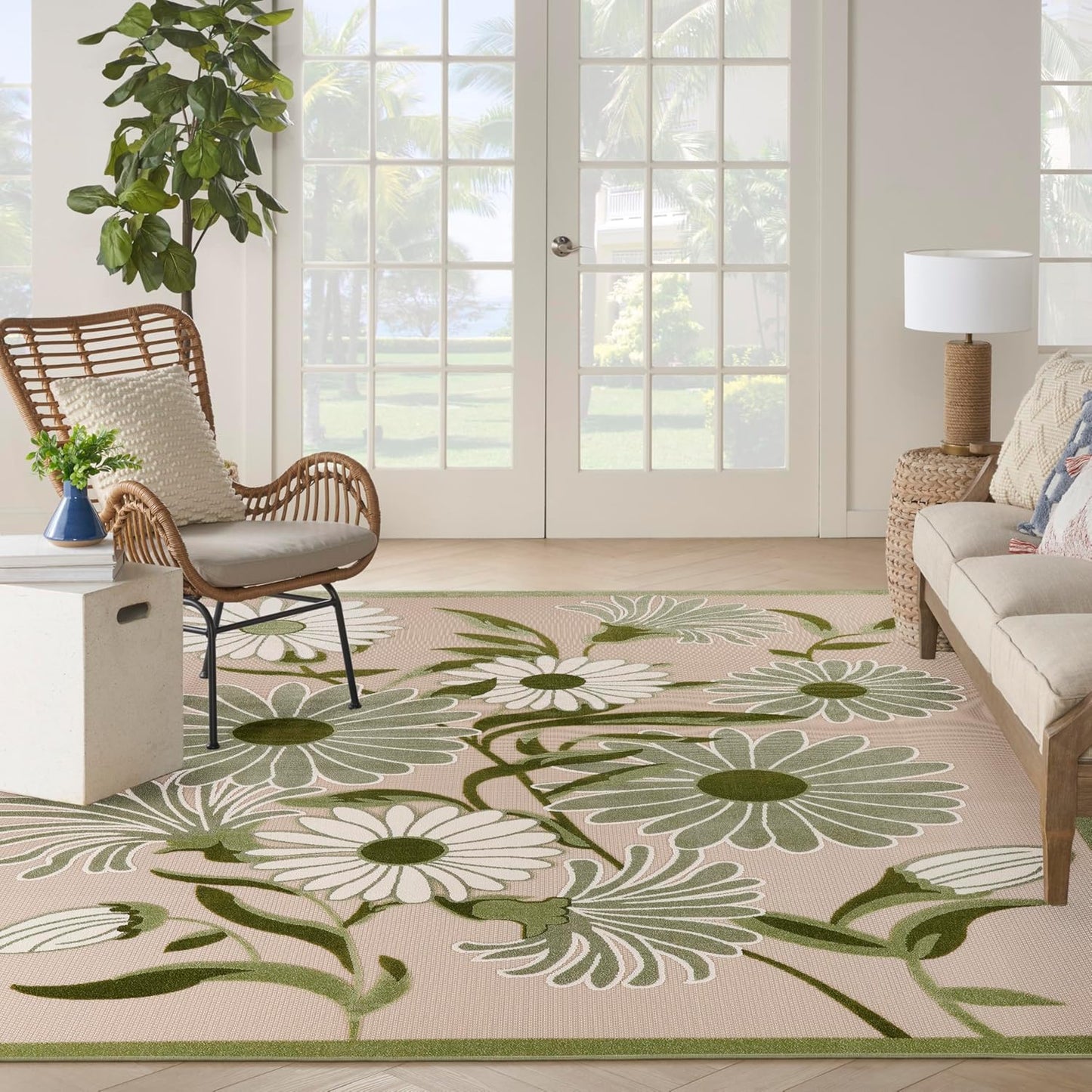Nourison Home Aloha Indoor/Outdoor Ivory Green 10' x 14' Area Rug, Easy-Cleaning, Non-Shedding, Bed Room, Living Room, Dining Room, Backyard, Patio, Deck (10x14)