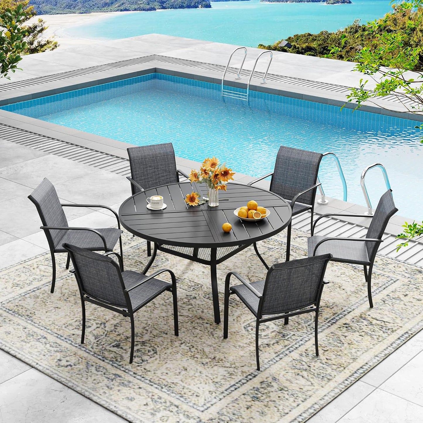 DIFY 47.2" Round Outdoor Patio Dining Table for 6, All-Weather Metal Steel Slatted Patio Table with 1.57" Adjustable Umbrella Hole, for Lawn Garden Porch Backyard, Black