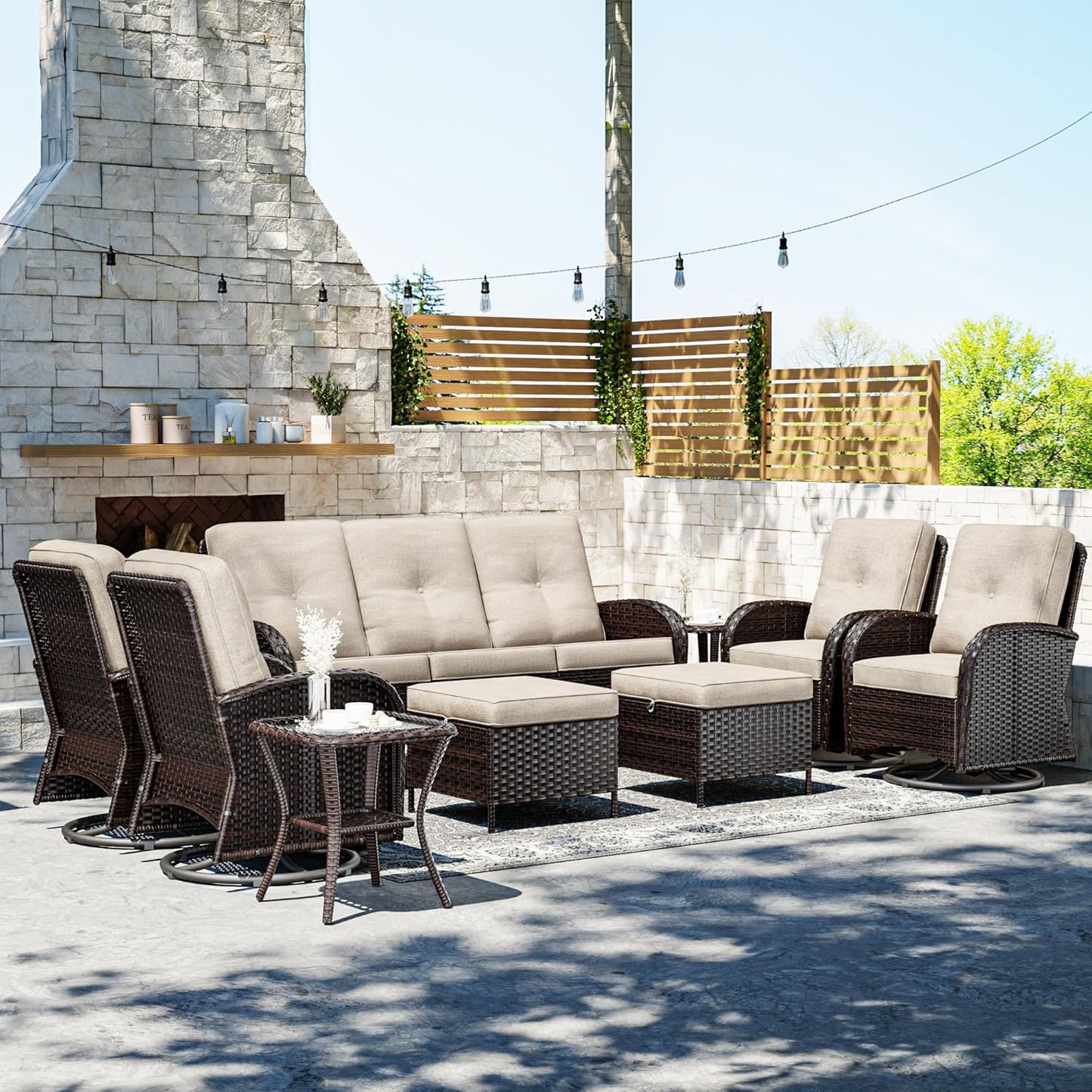 Joyside 9 Piece Patio Furniture Set, Outdoor Wicker Conversation Sets with Swivel Rocker Chairs and Sofa, Thick Cushion, Rattan Patio Sectional for Porch, Deck Use (Brown/Beige, 9 PCS)
