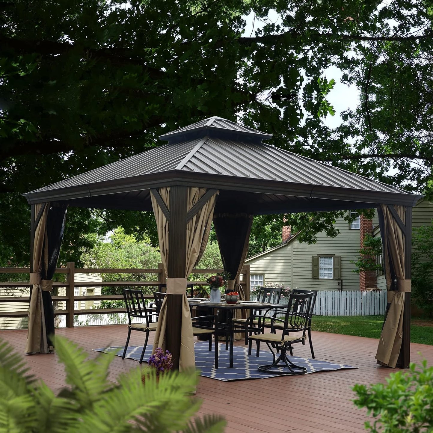 Kozyard Alexander 12' X 12' Hardtop Gazebo, Aluminum Metal Gazebo with Galvanized Steel Double Roof Canopy, Curtain and Netting for Patio Backyard Deck Lawn Brown