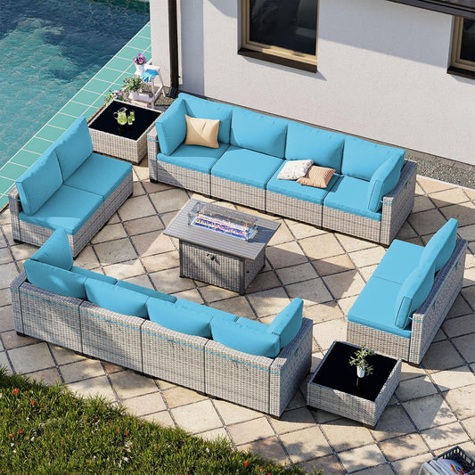 15-Piece Patio Furniture Set, Outdoor Patio Furniture with 55,000 BTU Fire Pit Table, Thick Cushions, Modular Patio Sofa, Dual-Strand Wicker Rattan, Rust-Resistant Frame, Lake Blue
