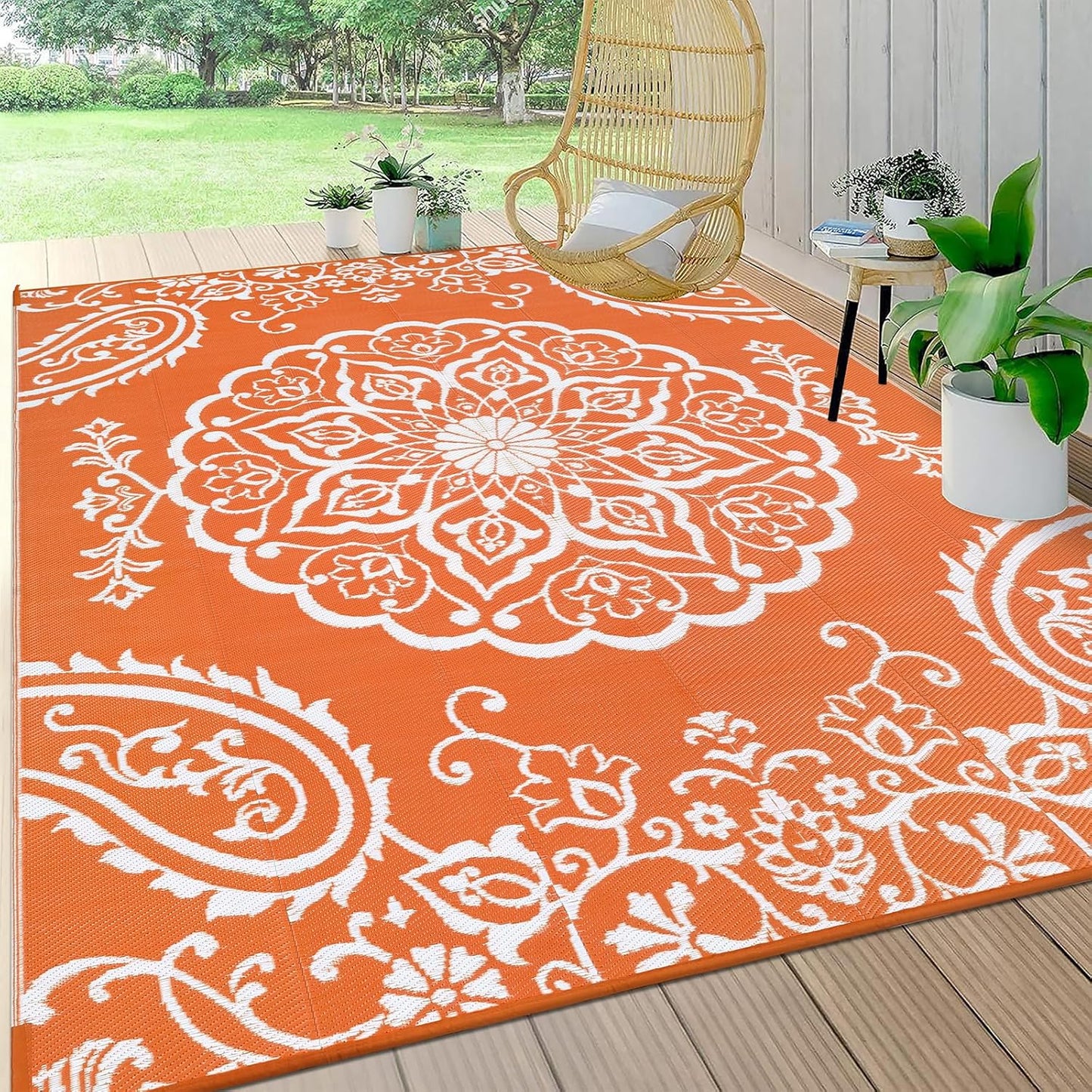 Pauwer Waterproof Outdoor Rug 8x10, Reversible Plastic Straw Patio Camping Rug, Indoor Outdoor RV Mat Carpet for Deck, Camper, Porch, Balcony, Backyard, Picnic, Boho Orange