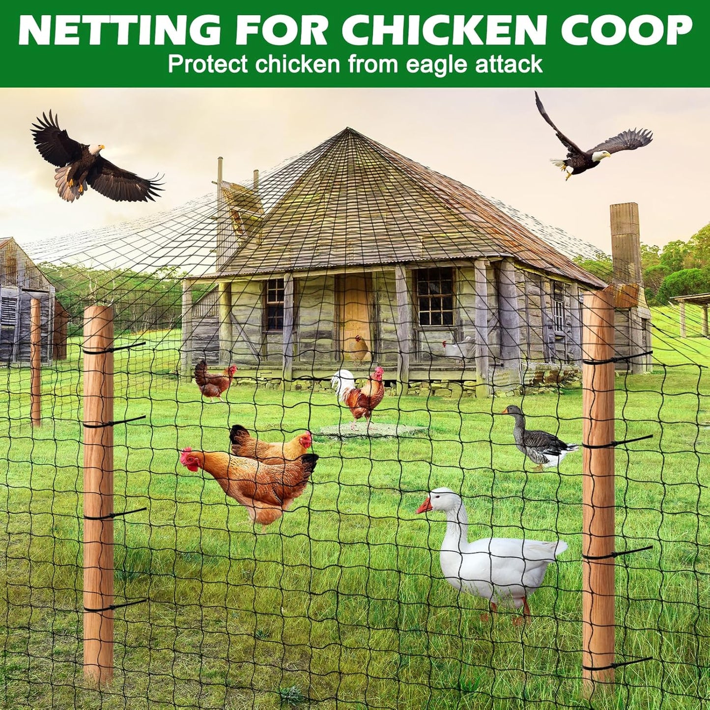 Chicken Netting Roof Hawk 100'x100' with 2" Mesh, Heavy Duty Bird Nettings for Garden with Birds Scare Tape, Nylon Bird Netting for Chicken Coop, Avian Nettings Deer Fence Fruit Tree Net