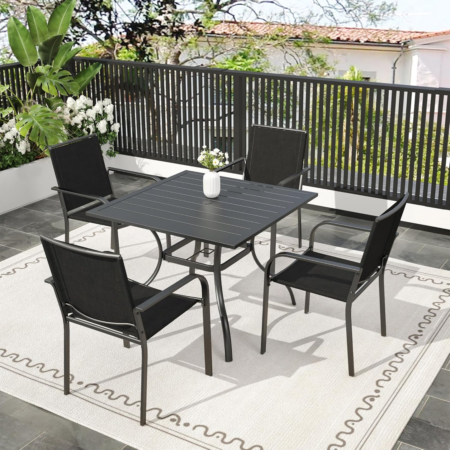 5-Piece Patio Dining Set, 35-Inch Square Outdoor Table with 4 Stackable Mesh Chairs, Black Metal All Weather Frame Set