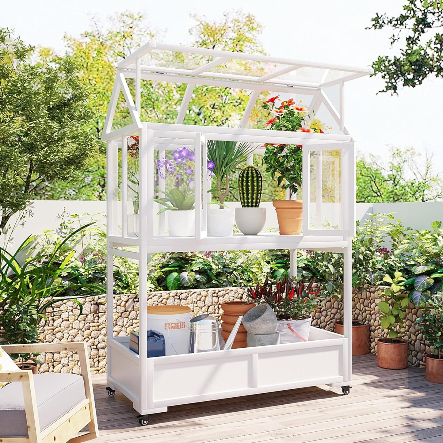 Portable Cold Frame Greenhouse with Wheels , Wooden Mini Greenhouse Cabinet for Gardens & Balconies , Openable Roof Design & Built-in Storage Box ,Easy-to-Move & Durable (White)